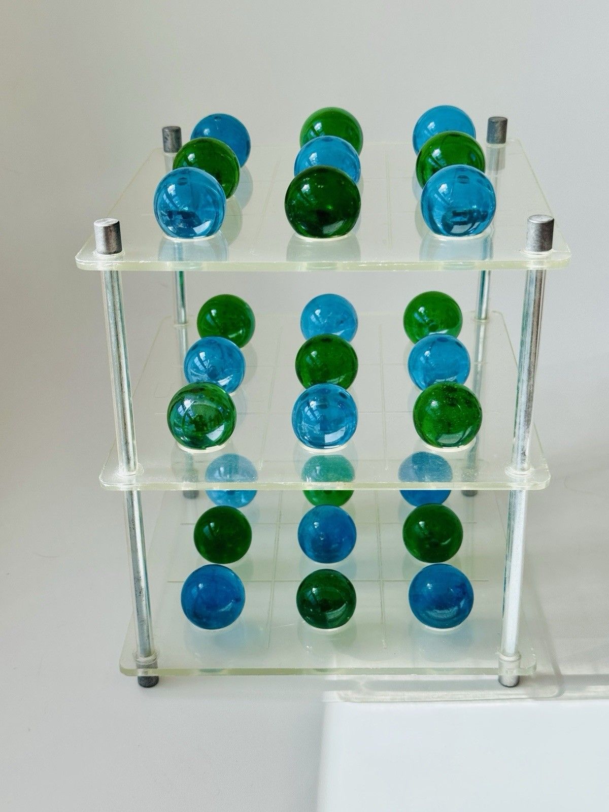 75.0 1970's 3d Lucite Tri Tac Toe Game With Blue & Green Glass Marbles photo