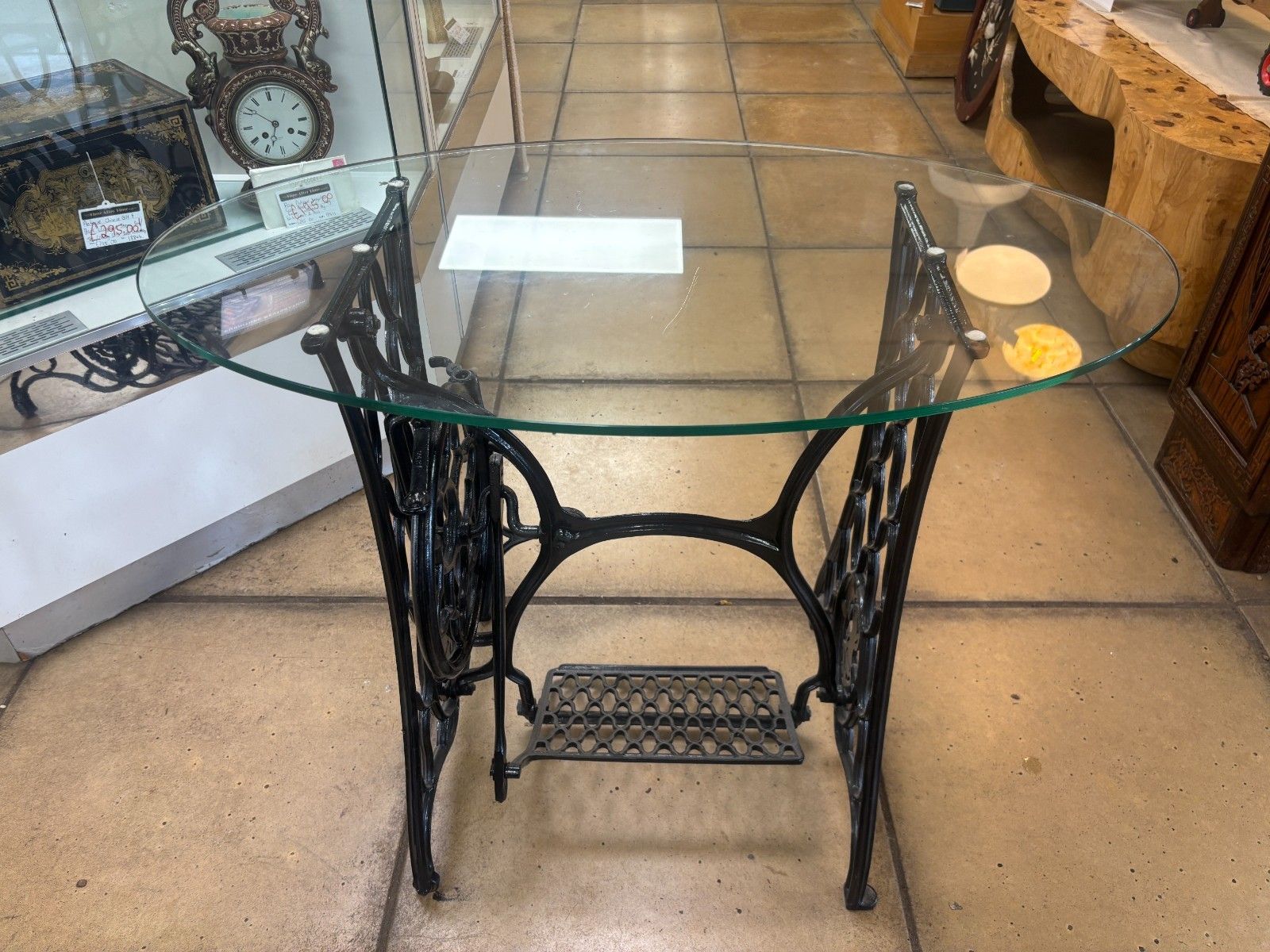 photo furniture Antique Cast Iron Singer Sewing Machine Base With Glass Top Table
