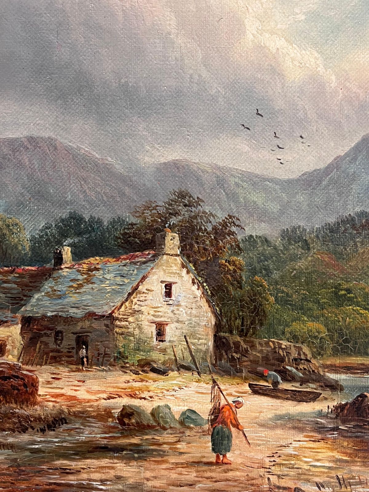 British School Victorian Signed Oil Painting Figure By Highland Cottage & Loch In Mountains photo 1120.0