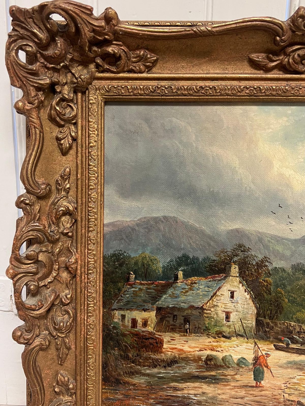British School Victorian Signed Oil Painting Figure By Highland Cottage & Loch In Mountains photo vinterior