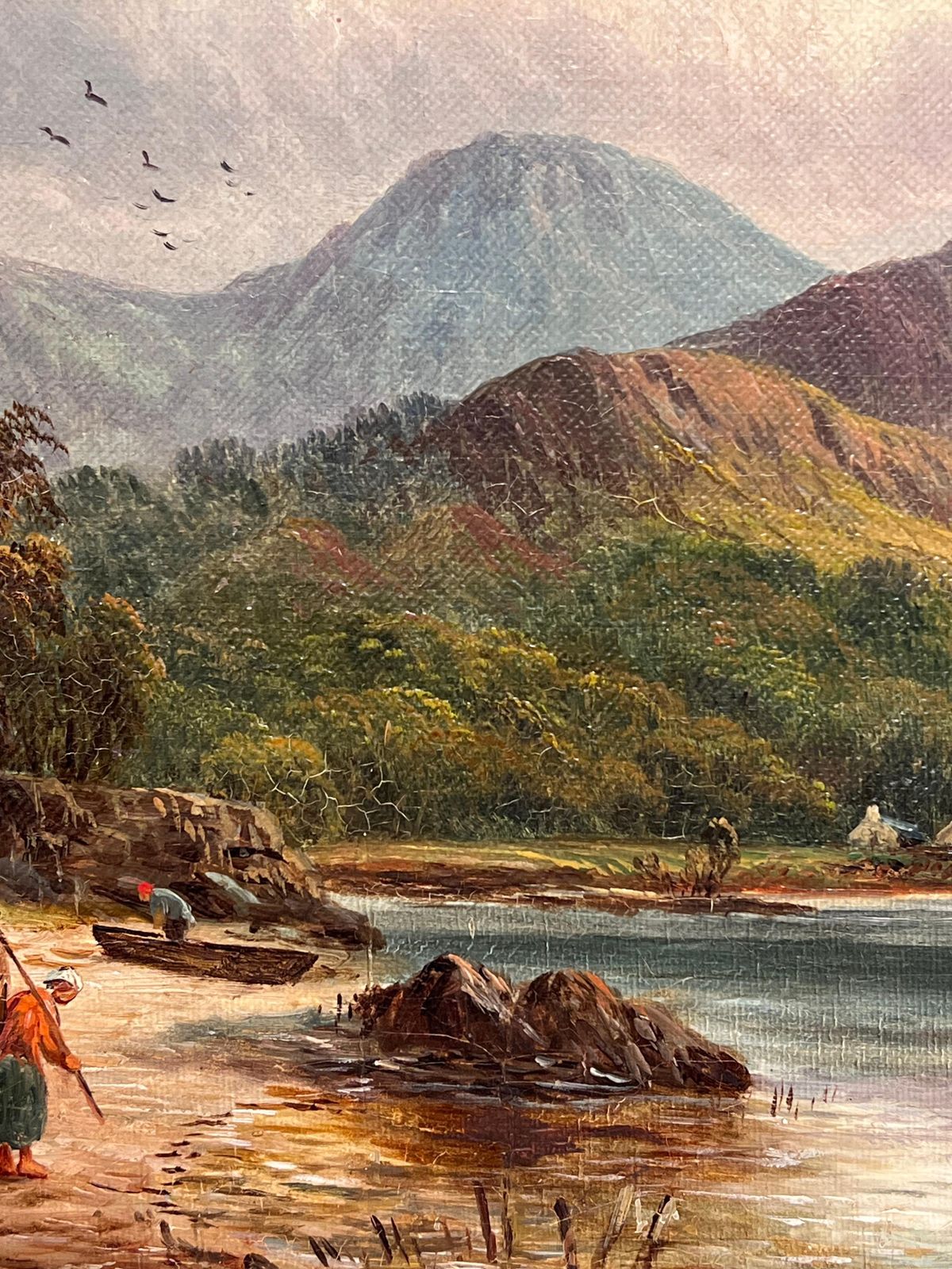 photo for sale British School Victorian Signed Oil Painting Figure By Highland Cottage & Loch In Mountains