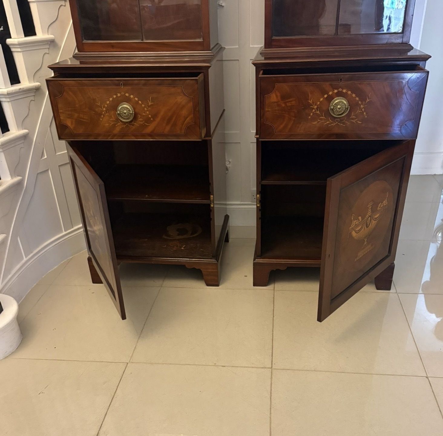 Antique Pair 19th Century Mahogany Inlaid Astragal Glazed Library Bookcases photo vintage
