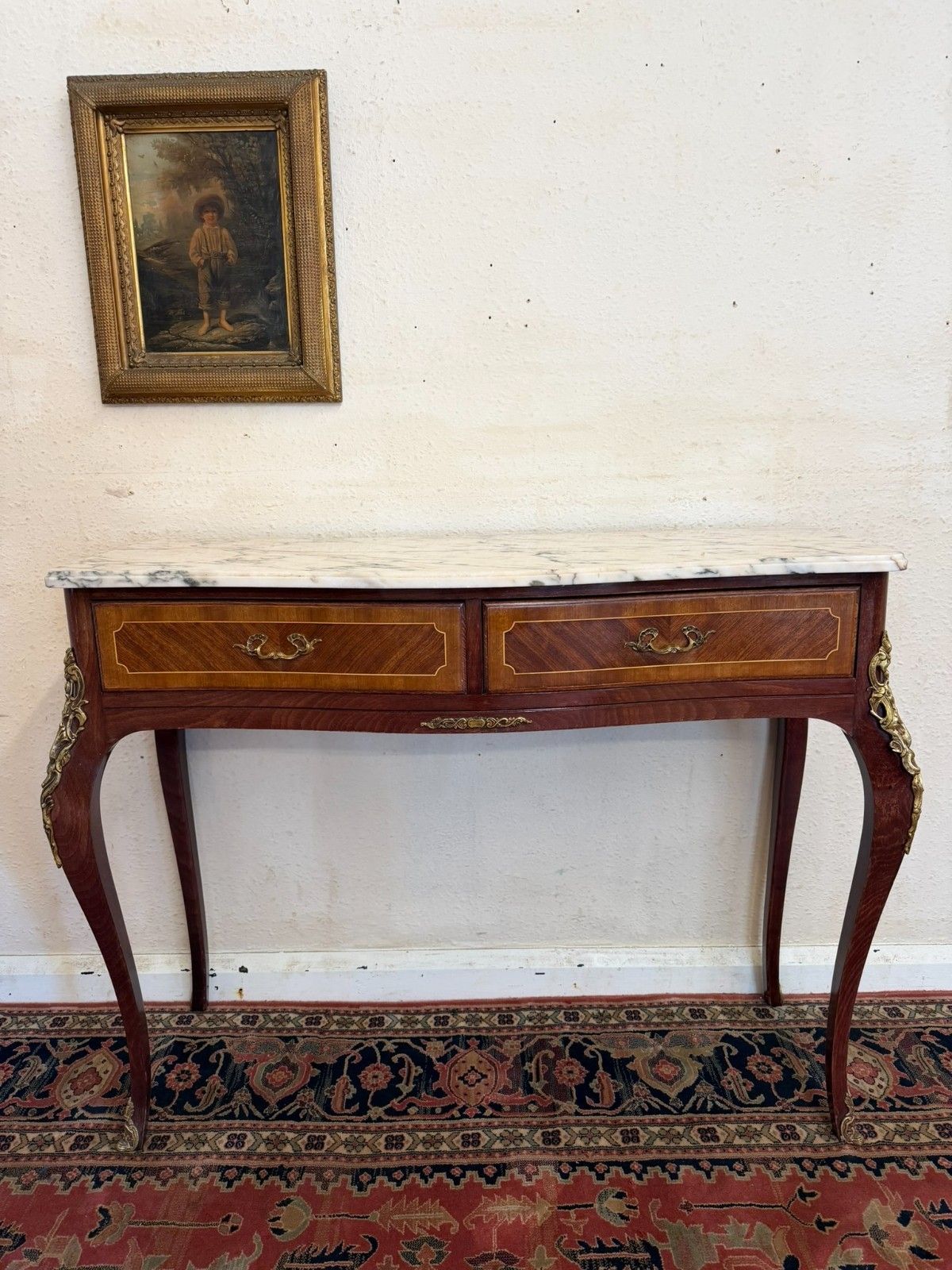 French Kingwood And Gilt Marble Top Two Drawer Console Table Circa 1950