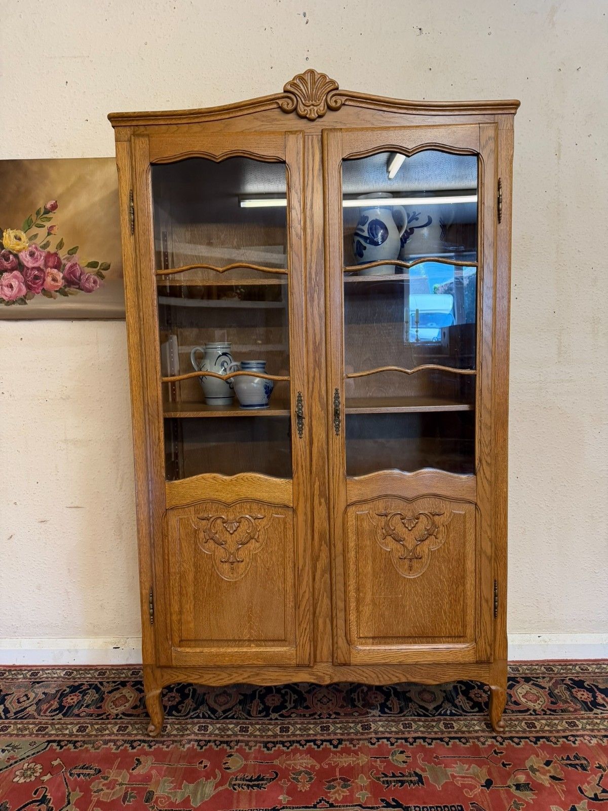 French Carved Oak Two Door Bookcase Circa 1950 photo for sale