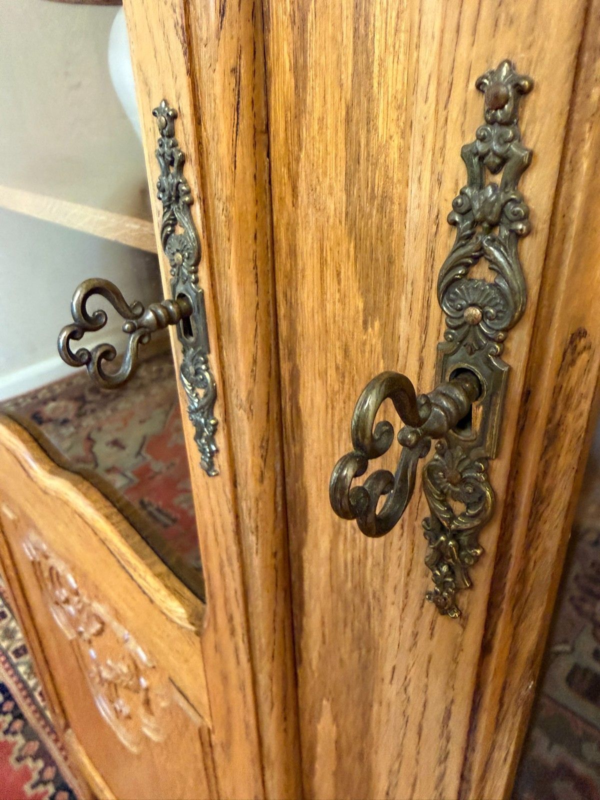 395.0 French Carved Oak Two Door Bookcase Circa 1950 photo