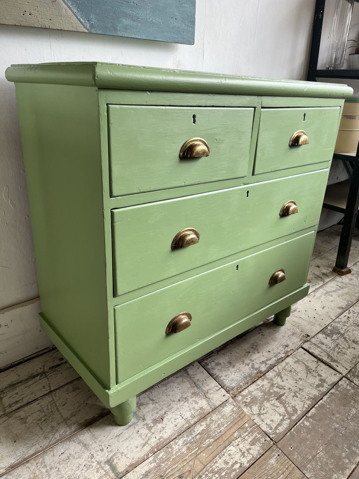 Small Victorian Green Painted Chest Of Drawers With Brass Cup Handles photo furniture