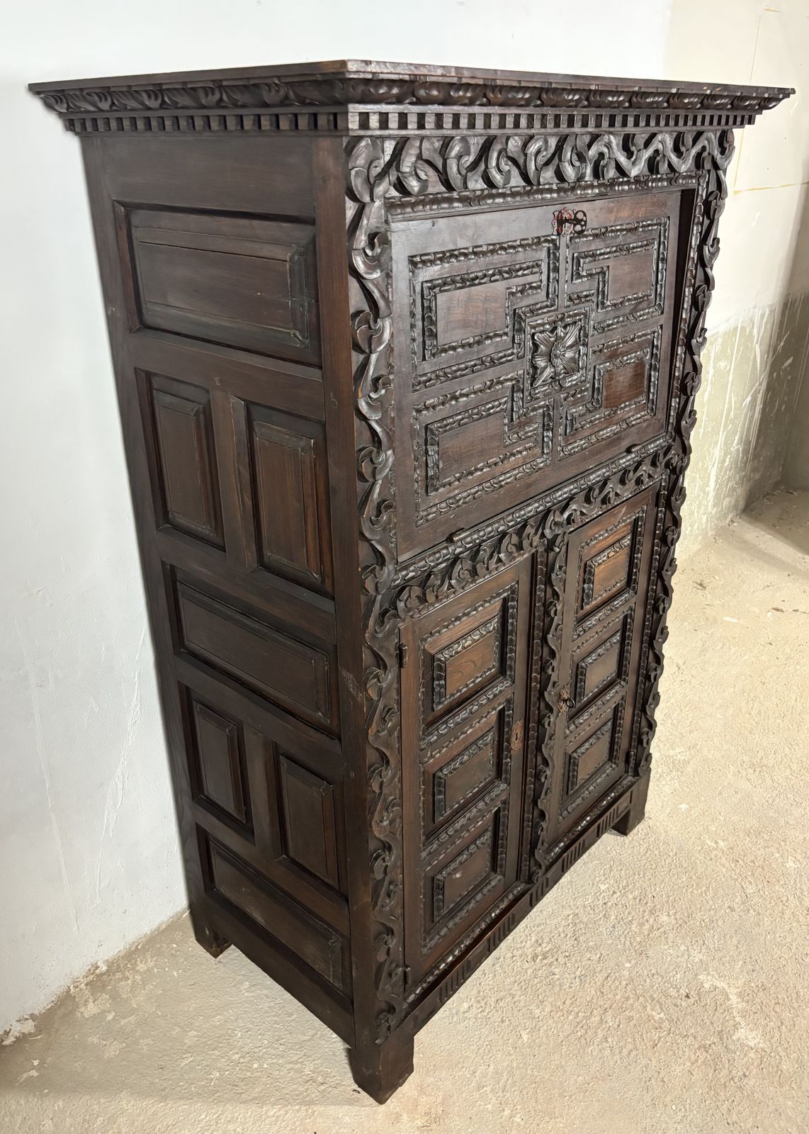 19th Century Baroque Oak Fall Front Cabinet With Deep Carved Decoration photo buy