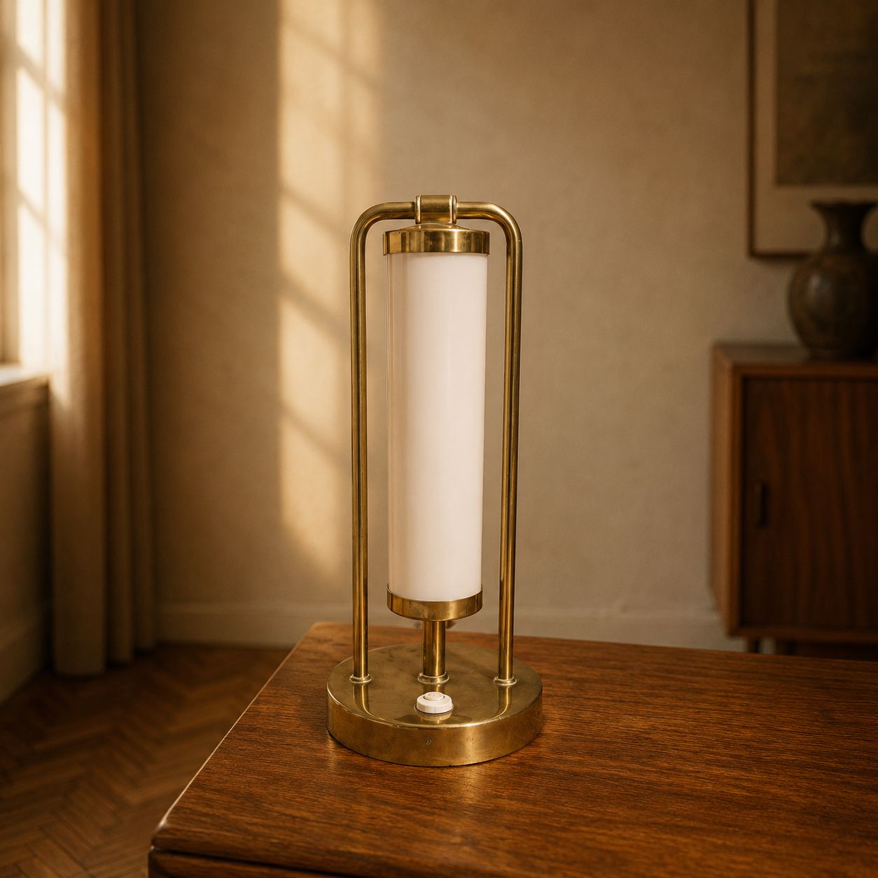 Bauhaus Tafellamp Messing & Opaalwit Glas, jaren 1930, Tsjechië