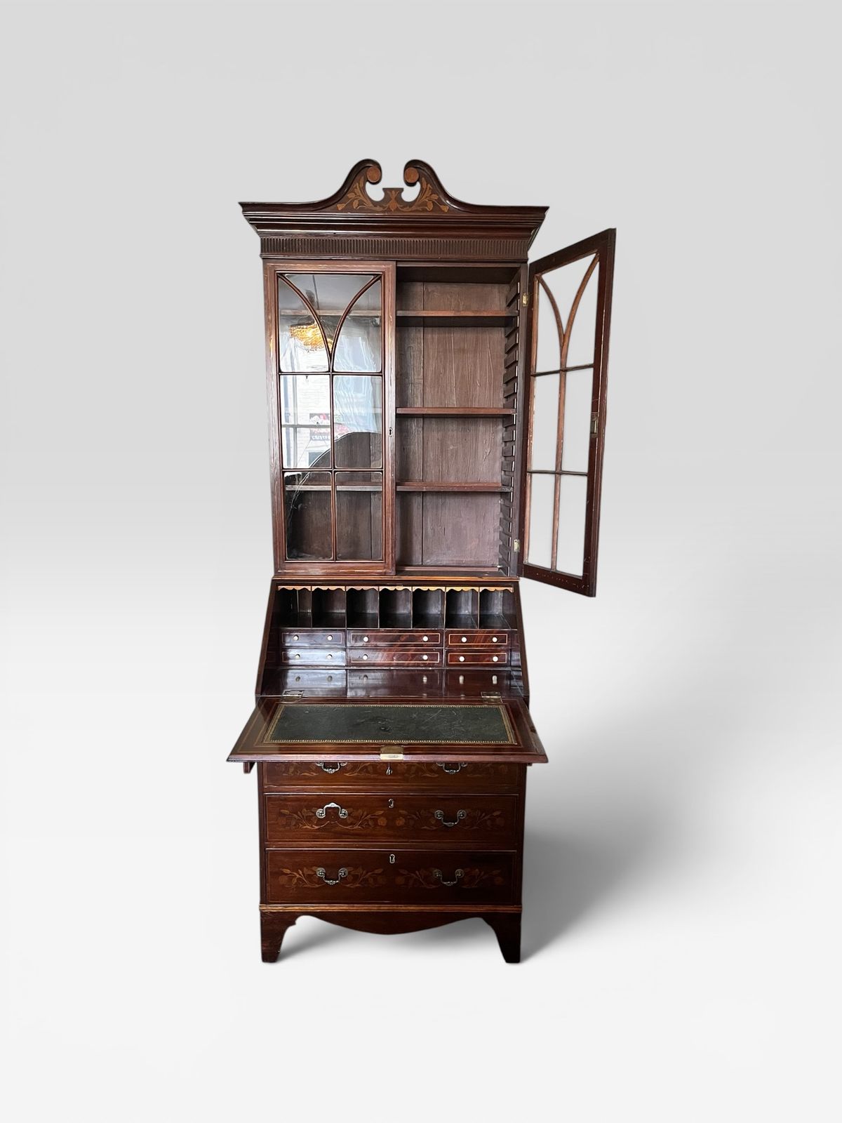 A George III Style Marquetry Inlaid Mahogany Bookcase Bureau photo 475.0