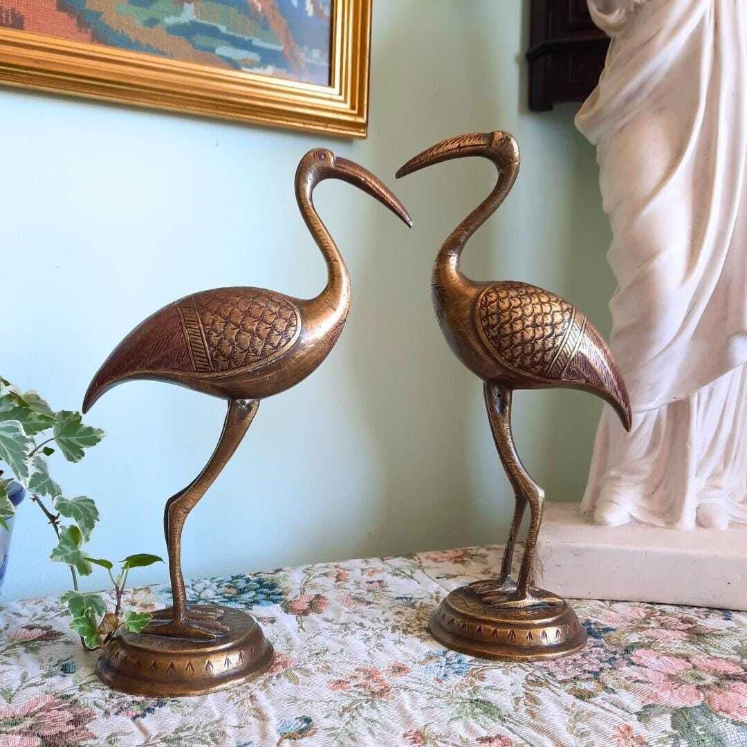 11'' Large Mid Century Indian Engraved Brass Stork Birds Figures Pair 28 Cm Tall, Large Brass Animal Decor. photo vintage