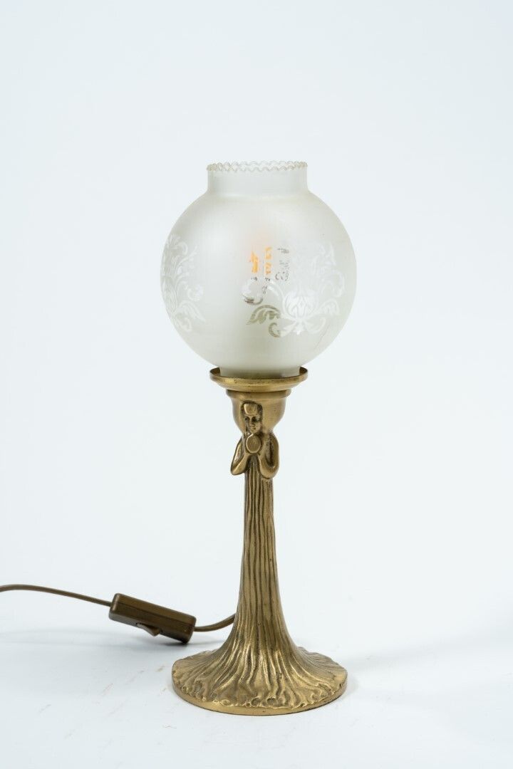 Art Nouveau Style, Copper Female Figure Table Lamp With Opal Glass Shade (1930s 50s)
