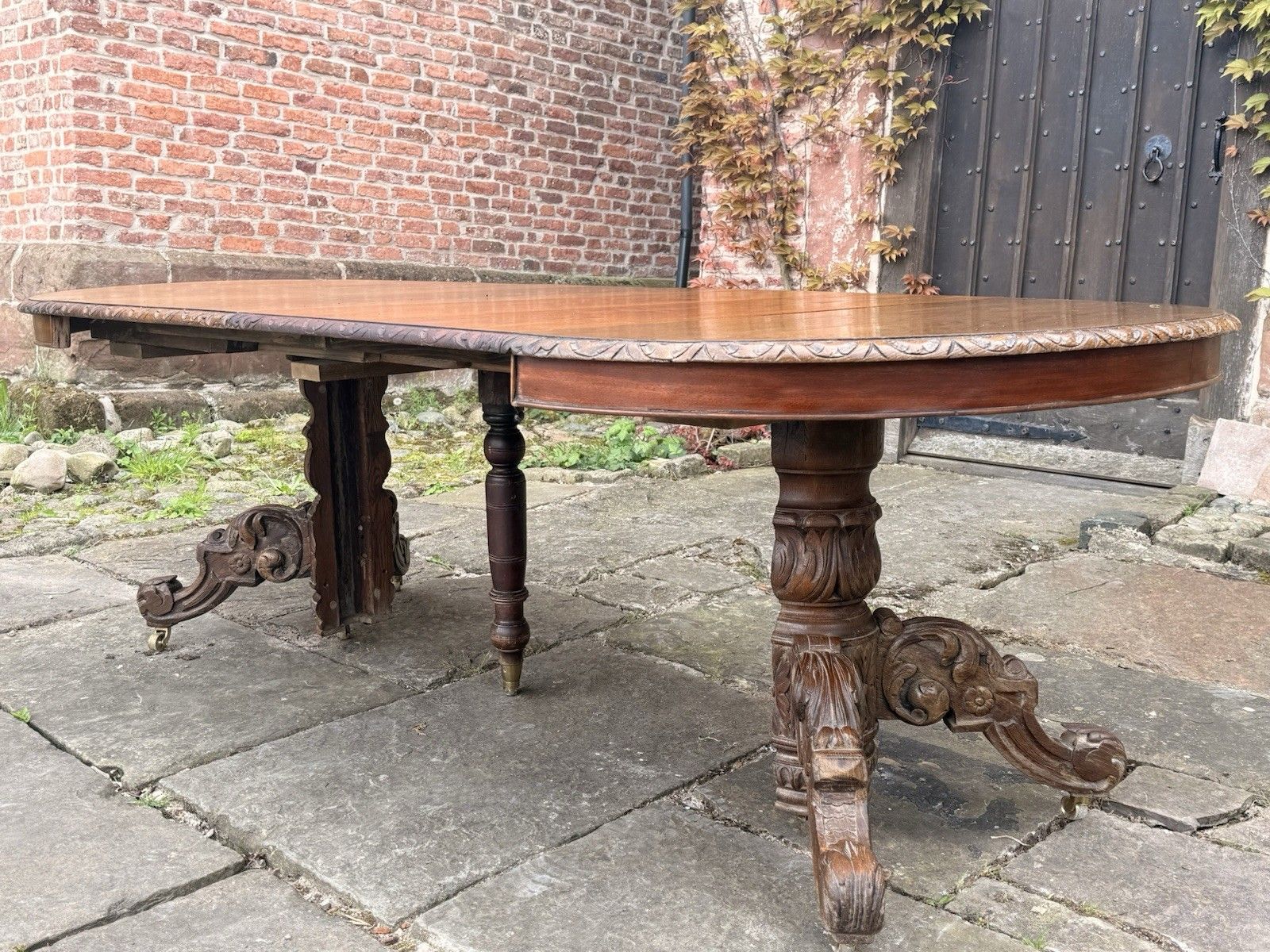 Rare French Antique Carved Oak Henri II Extending Split Pedestal Dining Table photo for sale