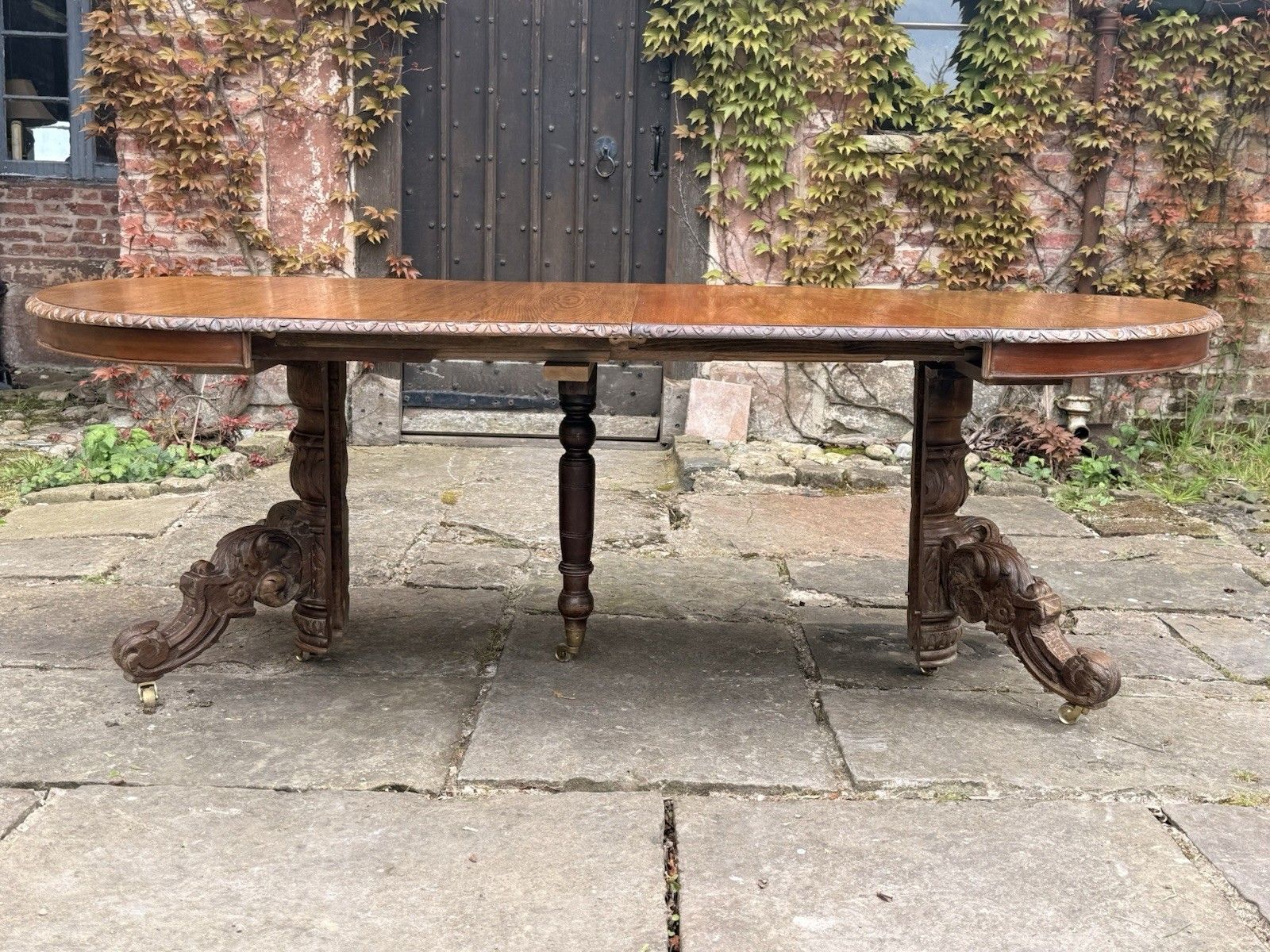 Rare French Antique Carved Oak Henri II Extending Split Pedestal Dining Table photo buy