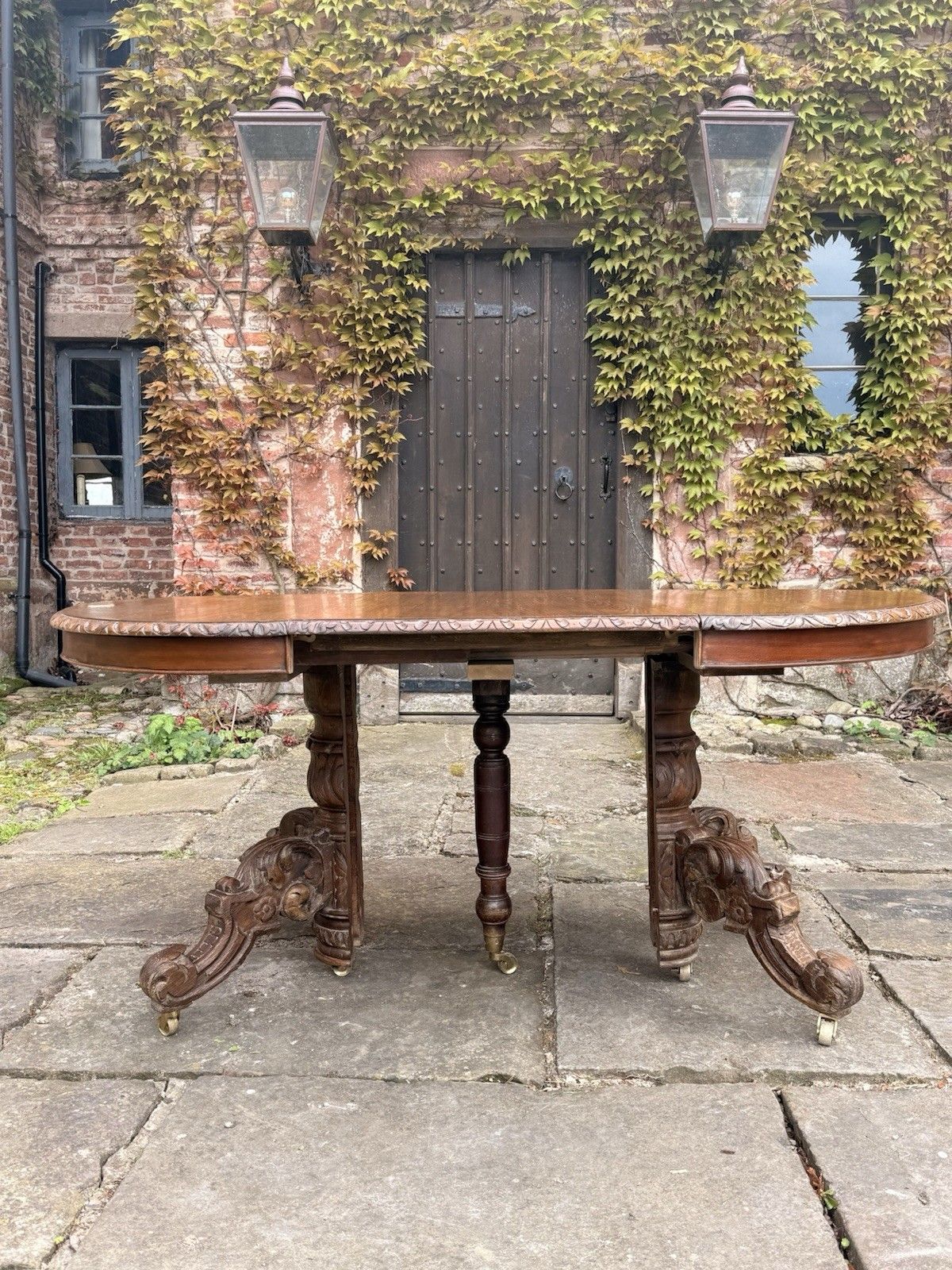 Rare French Antique Carved Oak Henri II Extending Split Pedestal Dining Table photo vintage