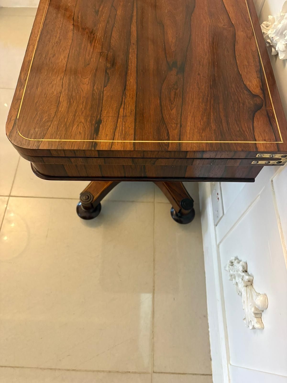 Antique 19th Century Rosewood Brass Inlaid Card Table Fold Over Top photo vinterior