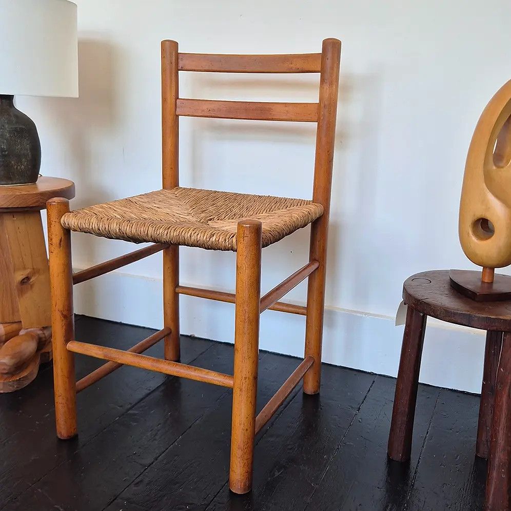 1970's French Wooden Chair W/ Rush Seat: Mid Century Modernist Style