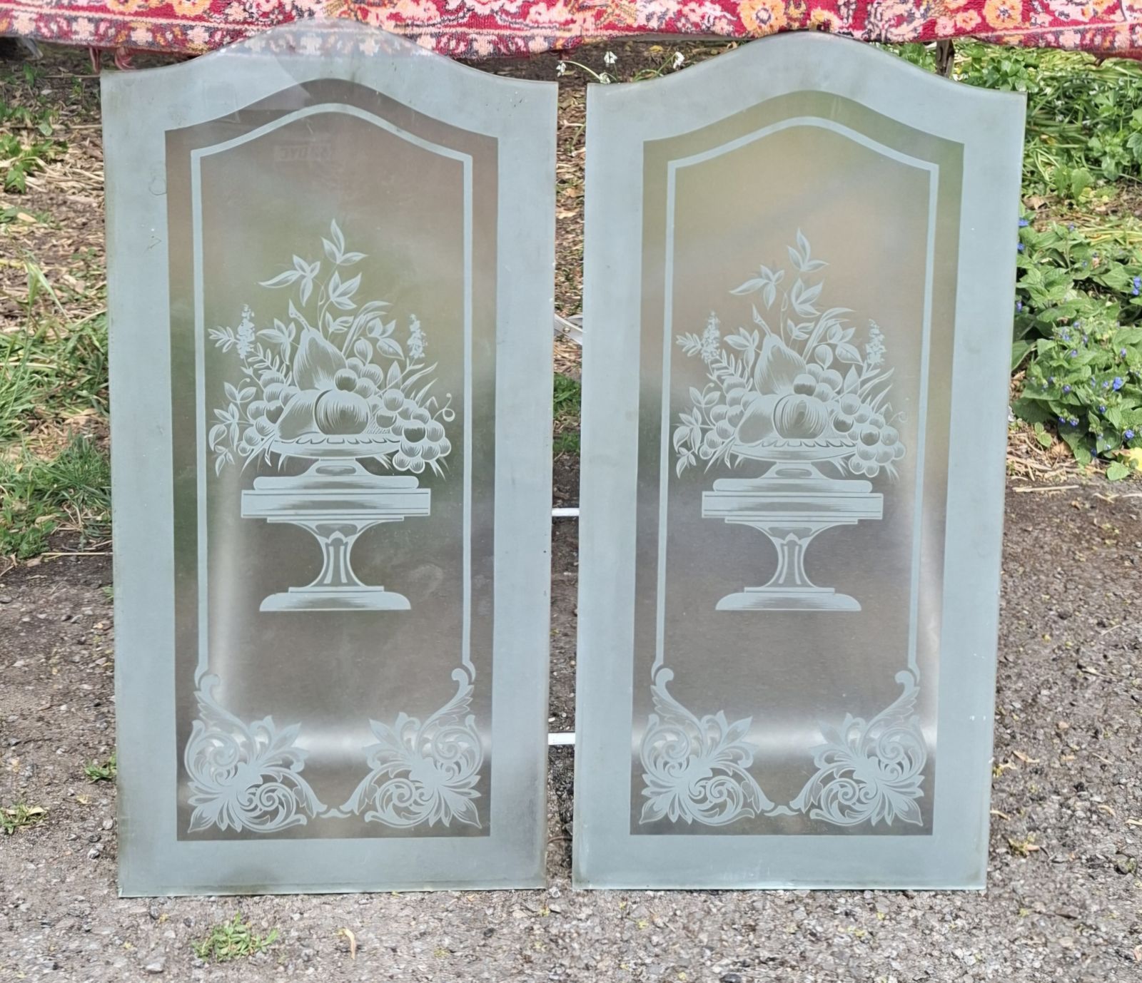 Pair Of French Antique Acid Etched Glass Panels