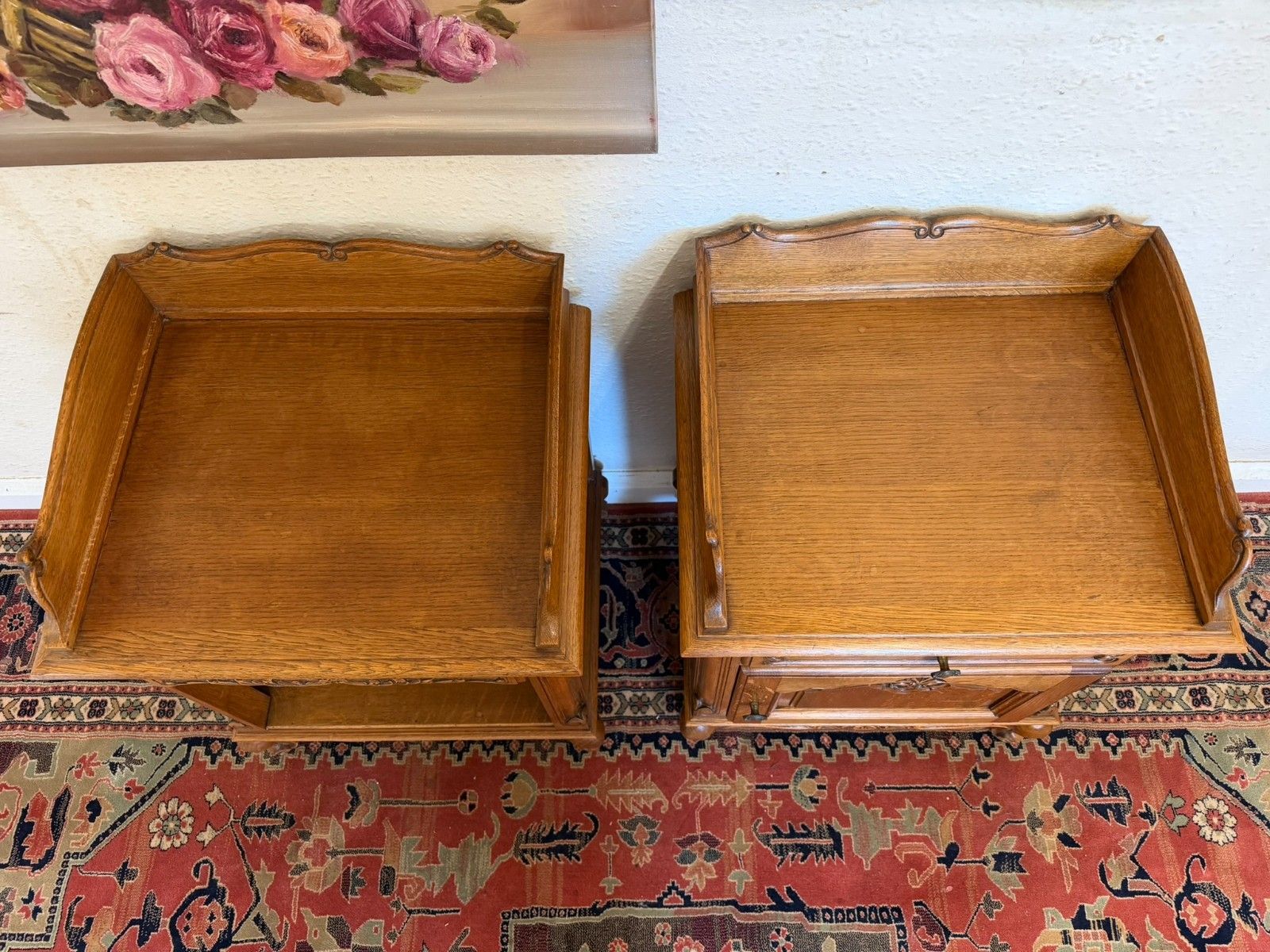 Pair Of French Carved Oak His & Hers Bedside Cabinets Circa 1950 photo 375.0