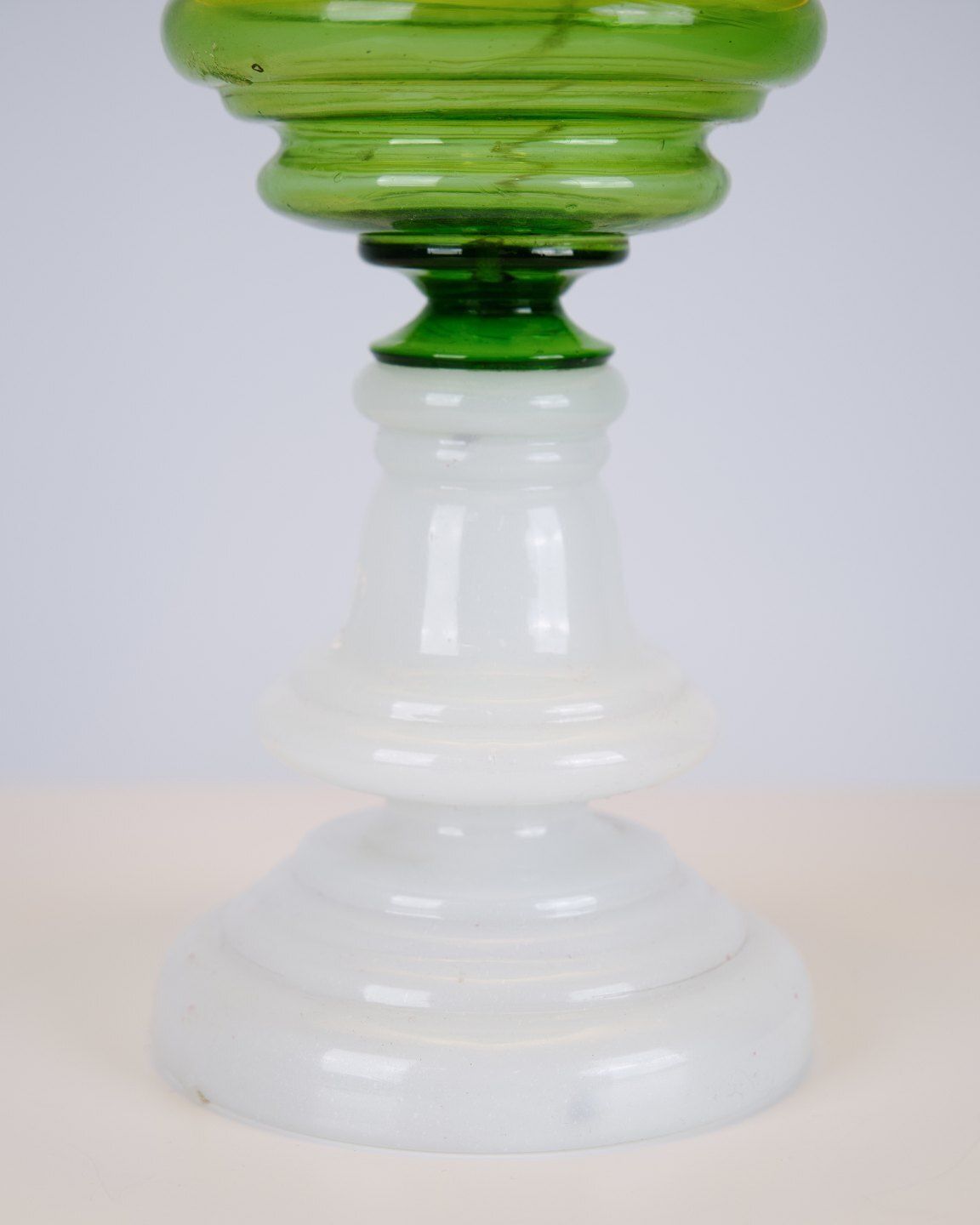 Table Lamp In Green And White Opaline Glass With Brass Details From The 1880s photo vinterior