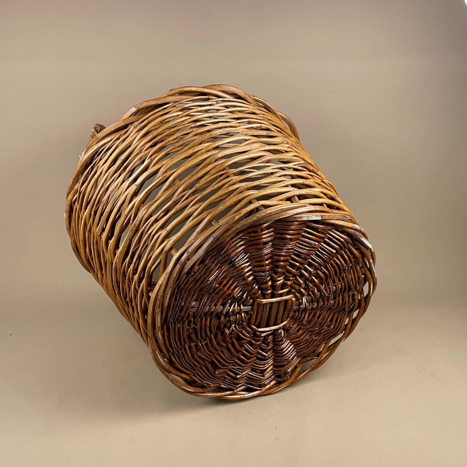 photo for sale Large Round Basket Woven Wicker Brown Antique Storage Farmhouse Cottage Cane Wood Handles Logs Fireplace Fire Side Cylinder Wooden