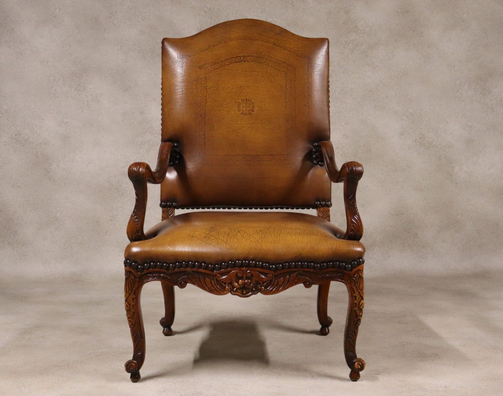 325.0 Vintage French Louis XV Style Carved Beechwood Fauteuil Tooled Leather Armchair photo