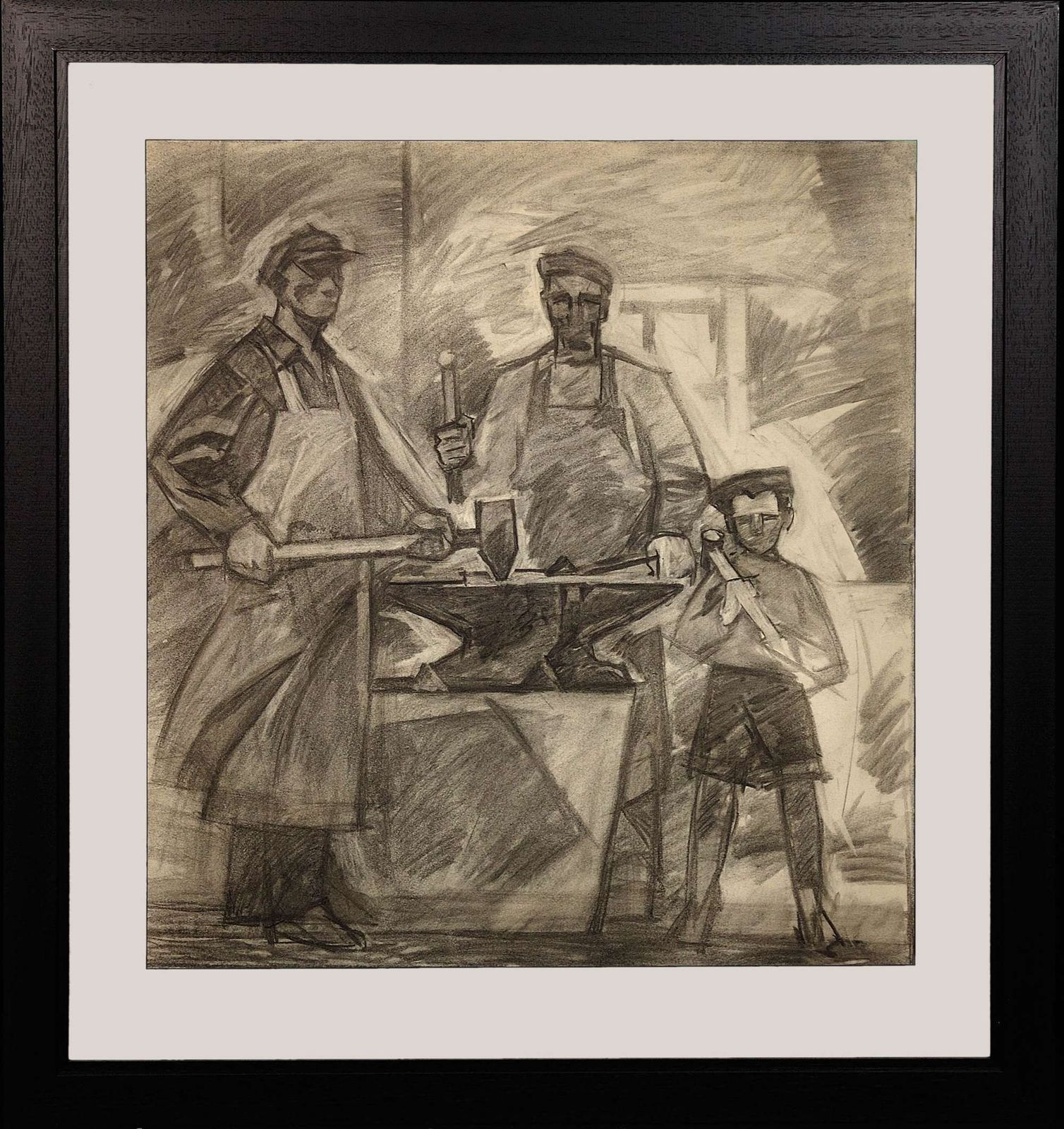 Mid 20th Century Soviet Ukraine Era. Framed Charcoal 1960s Political Drawing Three Generations Of Steel Factory Workers