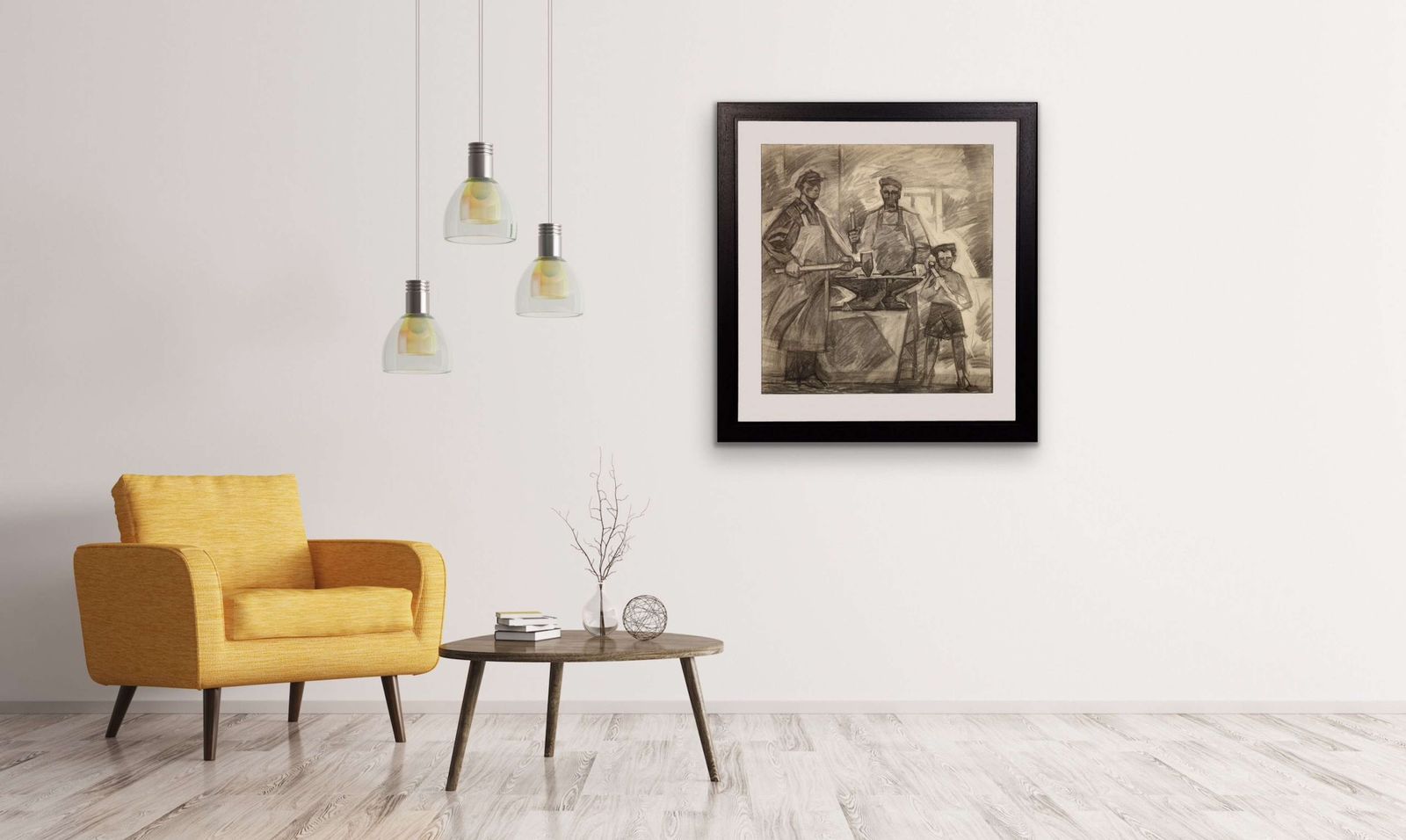 Mid 20th Century Soviet Ukraine Era. Framed Charcoal 1960s Political Drawing Three Generations Of Steel Factory Workers photo 2985.0