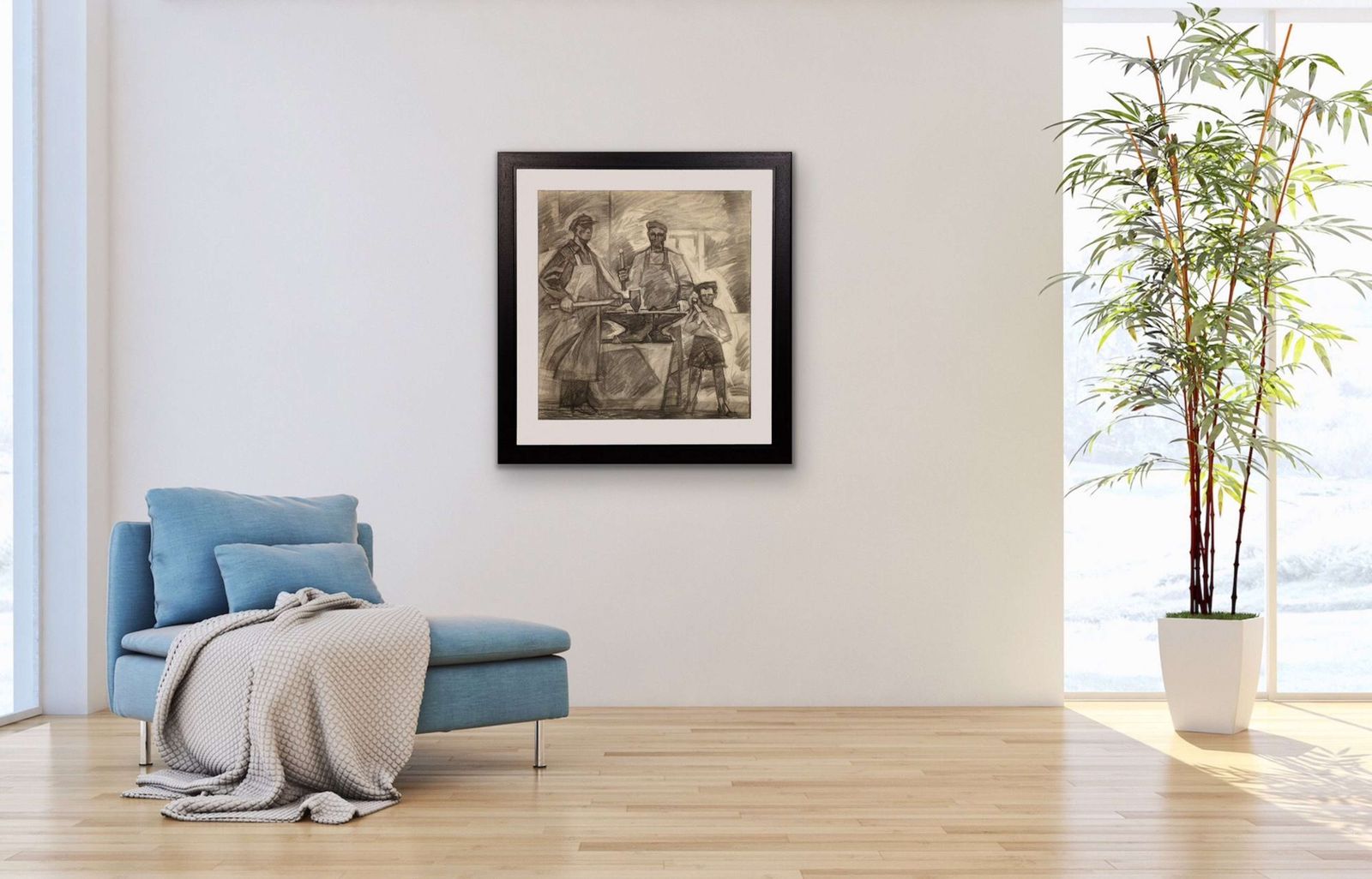 2985.0 Mid 20th Century Soviet Ukraine Era. Framed Charcoal 1960s Political Drawing Three Generations Of Steel Factory Workers photo
