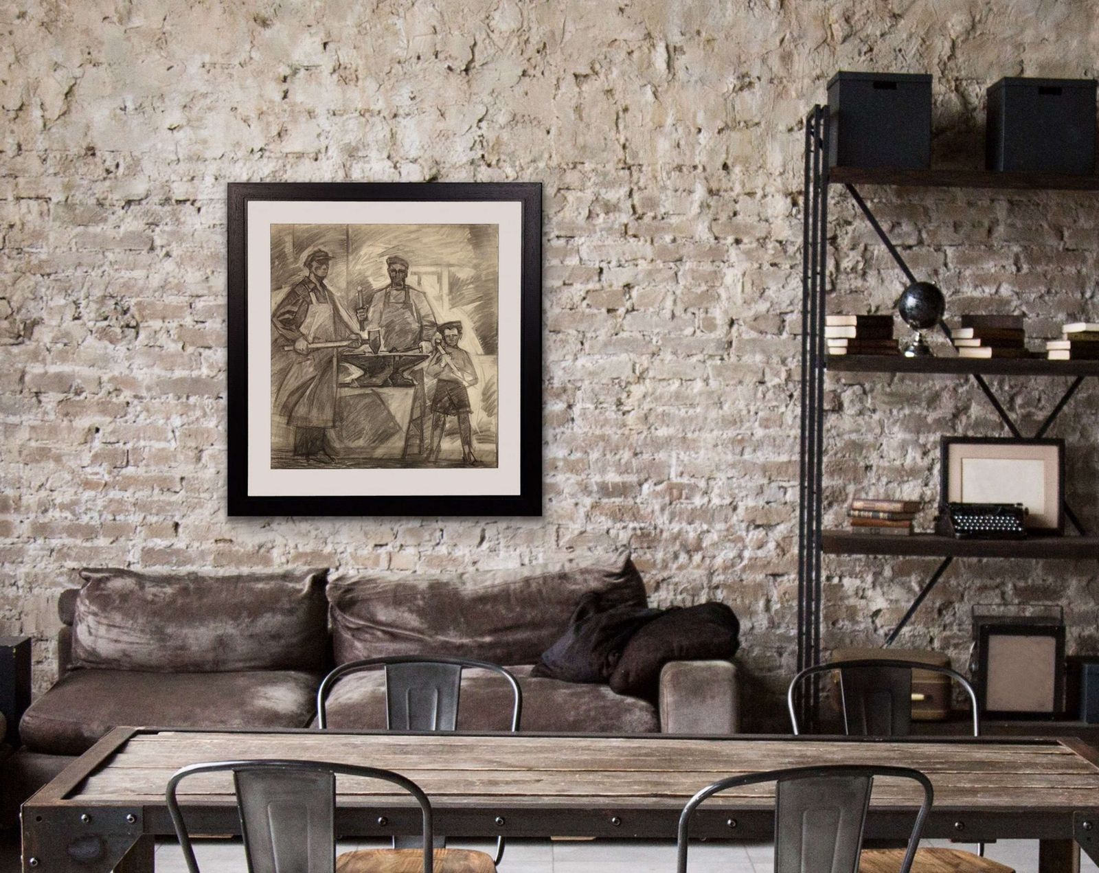 photo buy Mid 20th Century Soviet Ukraine Era. Framed Charcoal 1960s Political Drawing Three Generations Of Steel Factory Workers