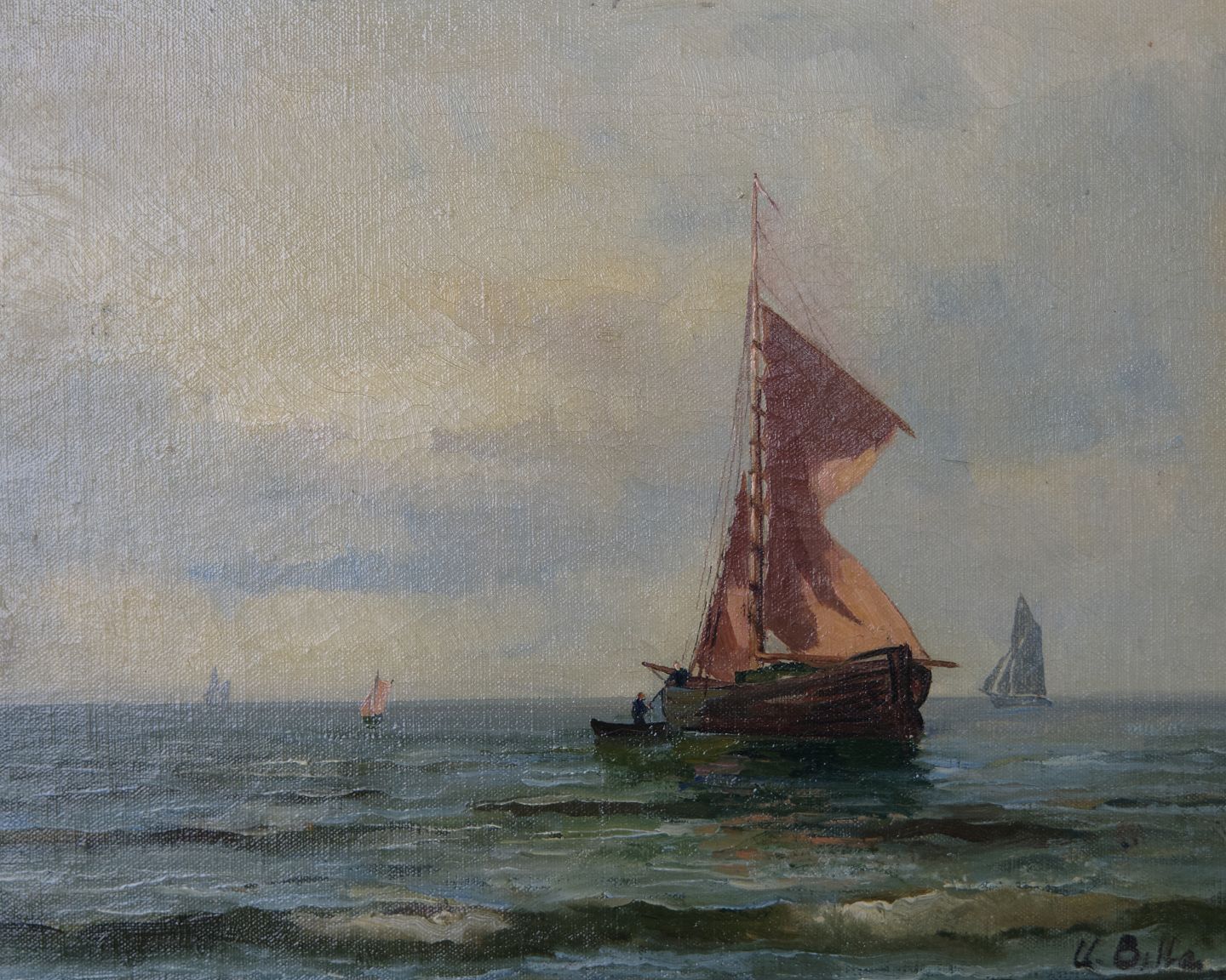 Marine Painting With Sailing Ship In Gilt Frame From The 1890s photo furniture