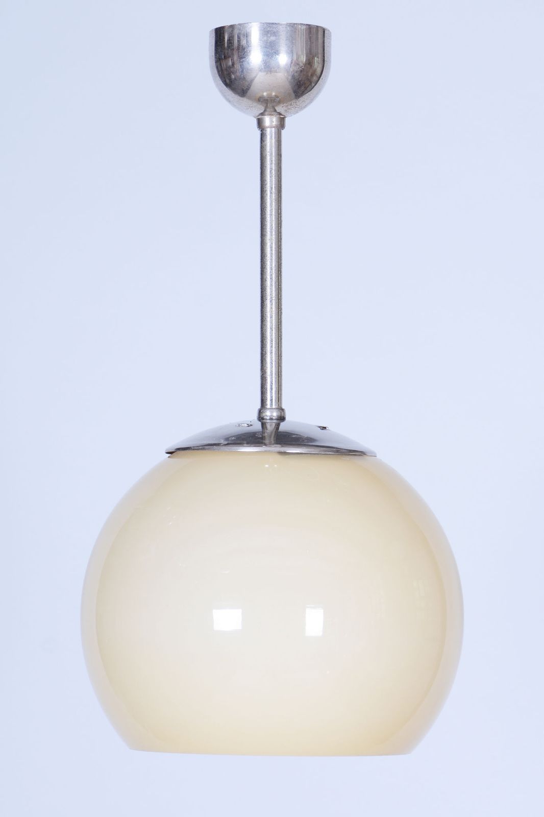 Restored Bauhaus Chandelier, Chrome Plated Steel, Opaline Glass, Czech, 1930s