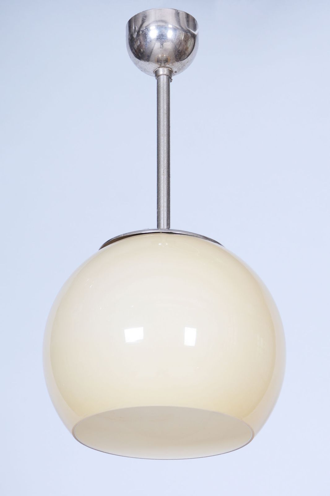 Restored Bauhaus Chandelier, Chrome Plated Steel, Opaline Glass, Czech, 1930s photo furniture