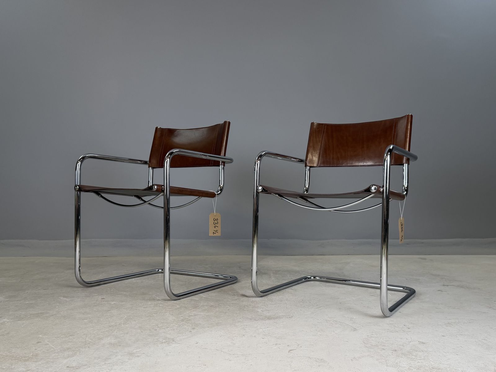 Pair Dining Or Desk Chair Mart Stam Marcel Breuer S34 Set Of 2 Two Chrome Tan Cognac Brown Leather Cantilever Bauhaus