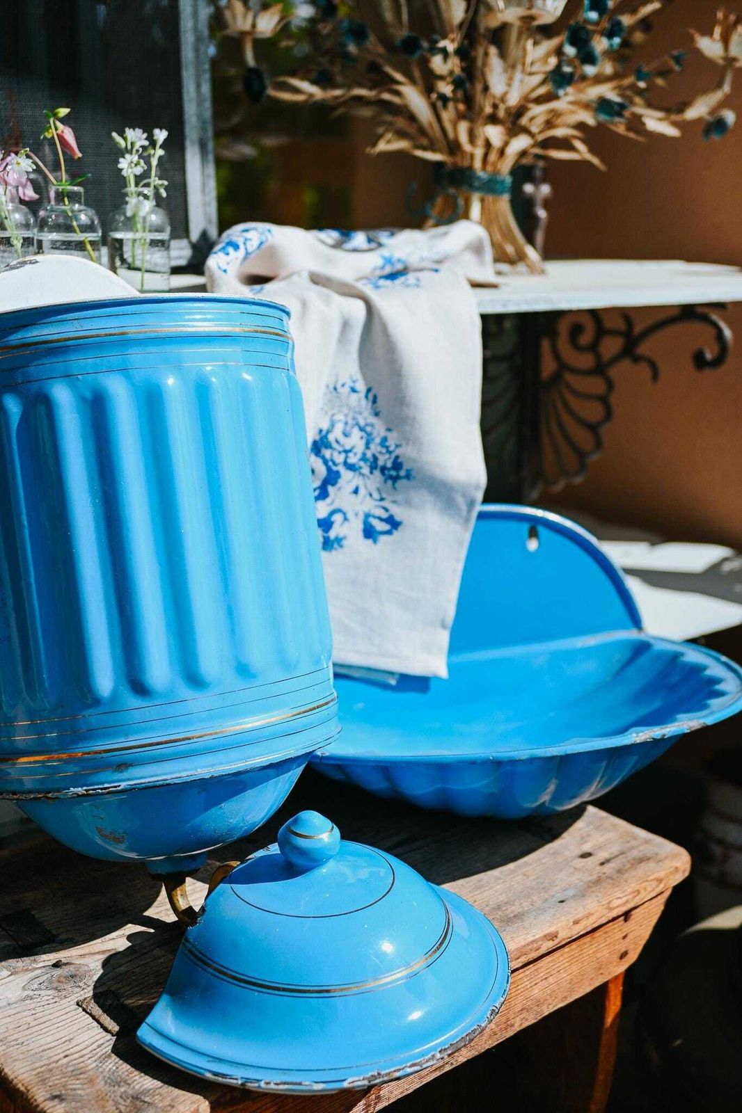 Antique Blue Enamel Garden Fountain With Shell Basin | Wall Mounted | French Farmhouse | 1930s–1950s photo buy