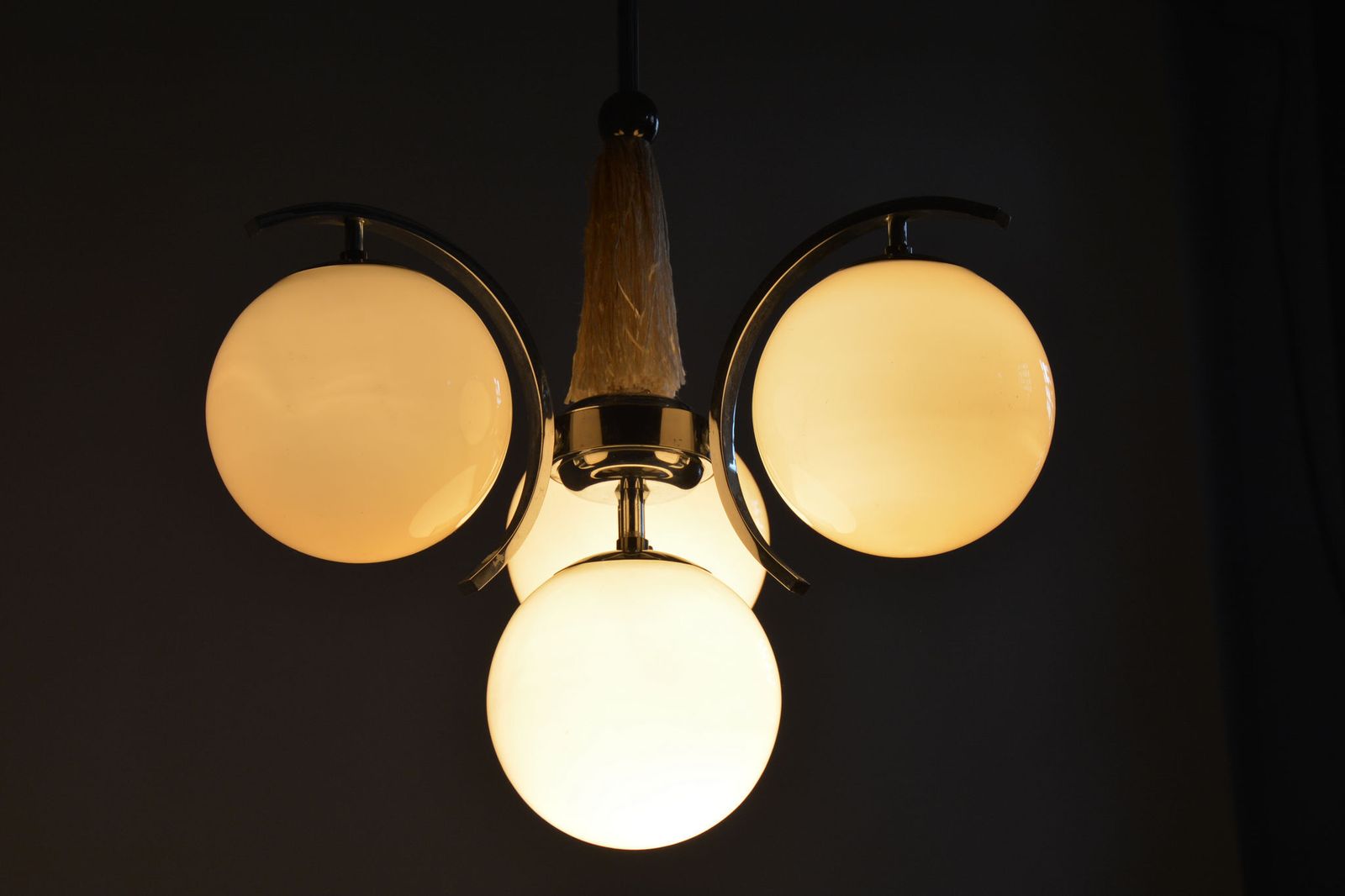 photo for sale Restored Bauhaus Chandelier, Chrome Plated Steel, Opaline Glass, Czech, 1920s