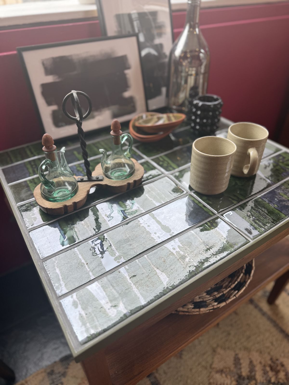 Mid Century Coffee Table With Hand Tiled Emerald Green Moroccan Top — One Of One photo Furniture