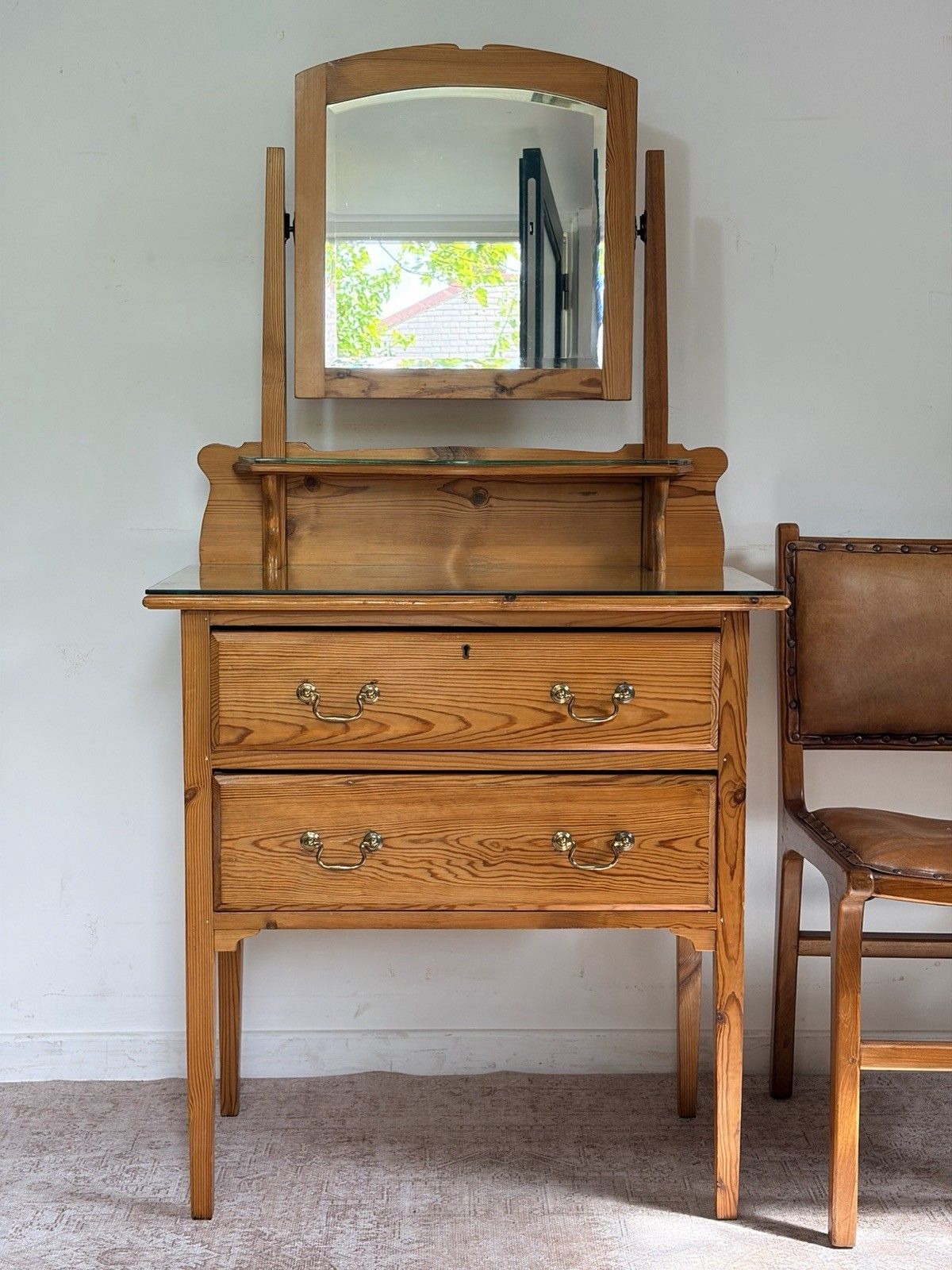 Antique Edwardian Pine Dressing Chest Table Vanity Swing Mirror 2 Drawers Glass