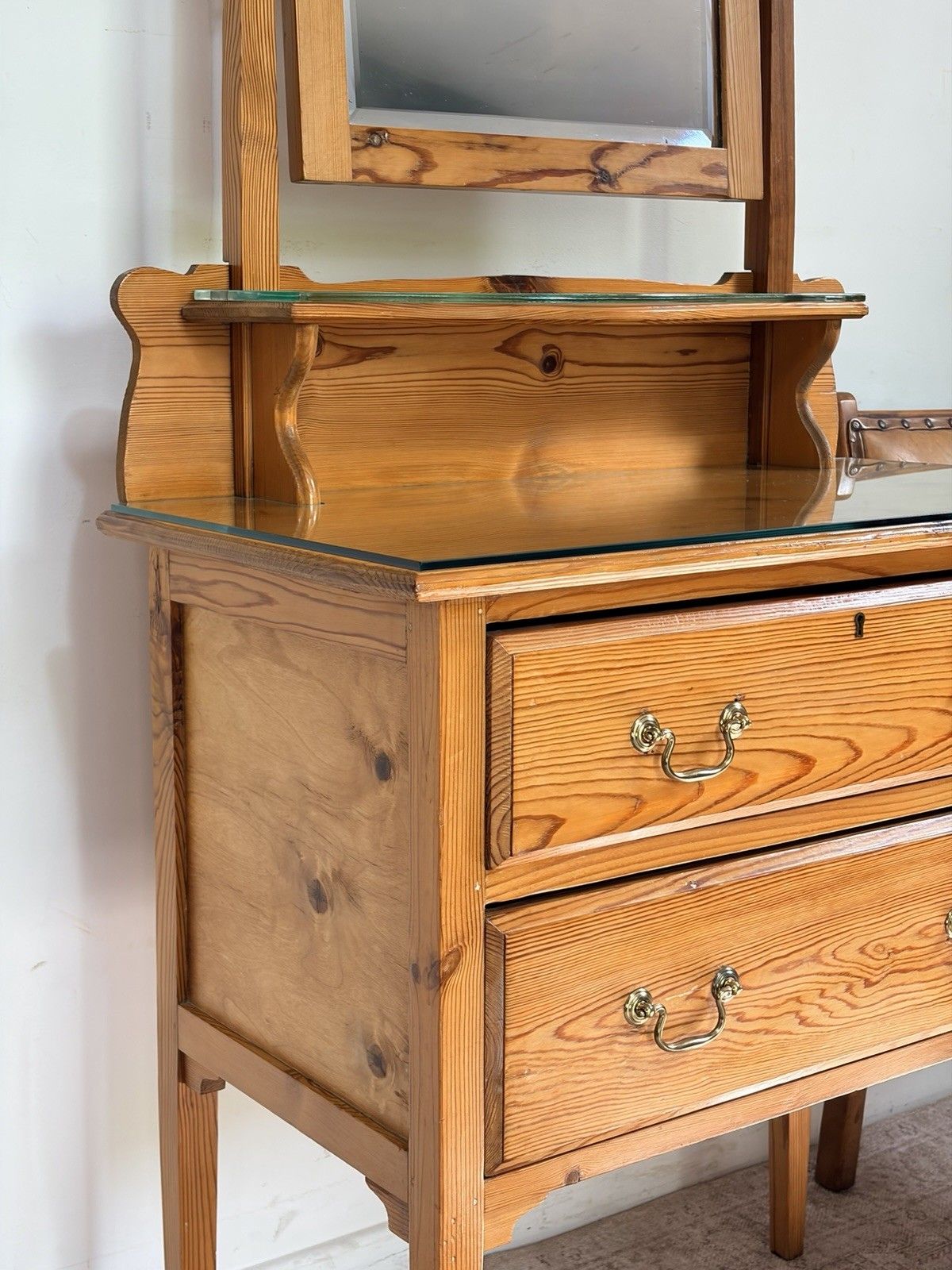 Antique Edwardian Pine Dressing Chest Table Vanity Swing Mirror 2 Drawers Glass photo for sale