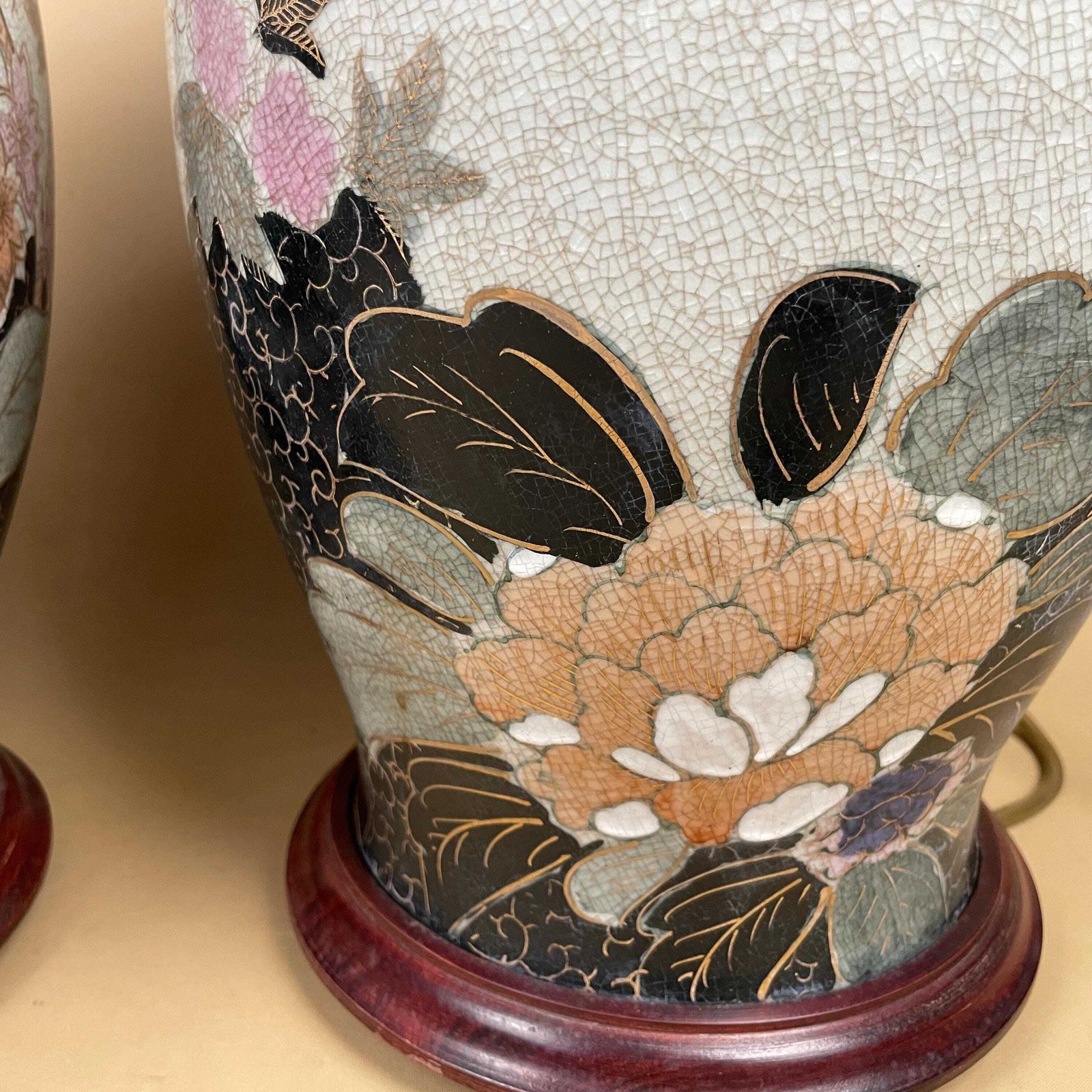 Pair Of Large Oriental Antique Ceramic Lamp Light Bedside Table Hand Painted Floral Design Wood Base Chinese Vase Vintage Brass Ginger Jar photo for sale