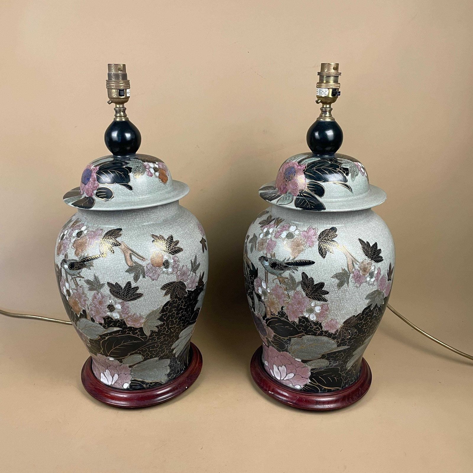 Pair Of Large Oriental Antique Ceramic Lamp Light Bedside Table Hand Painted Floral Design Wood Base Chinese Vase Vintage Brass Ginger Jar photo Lighting