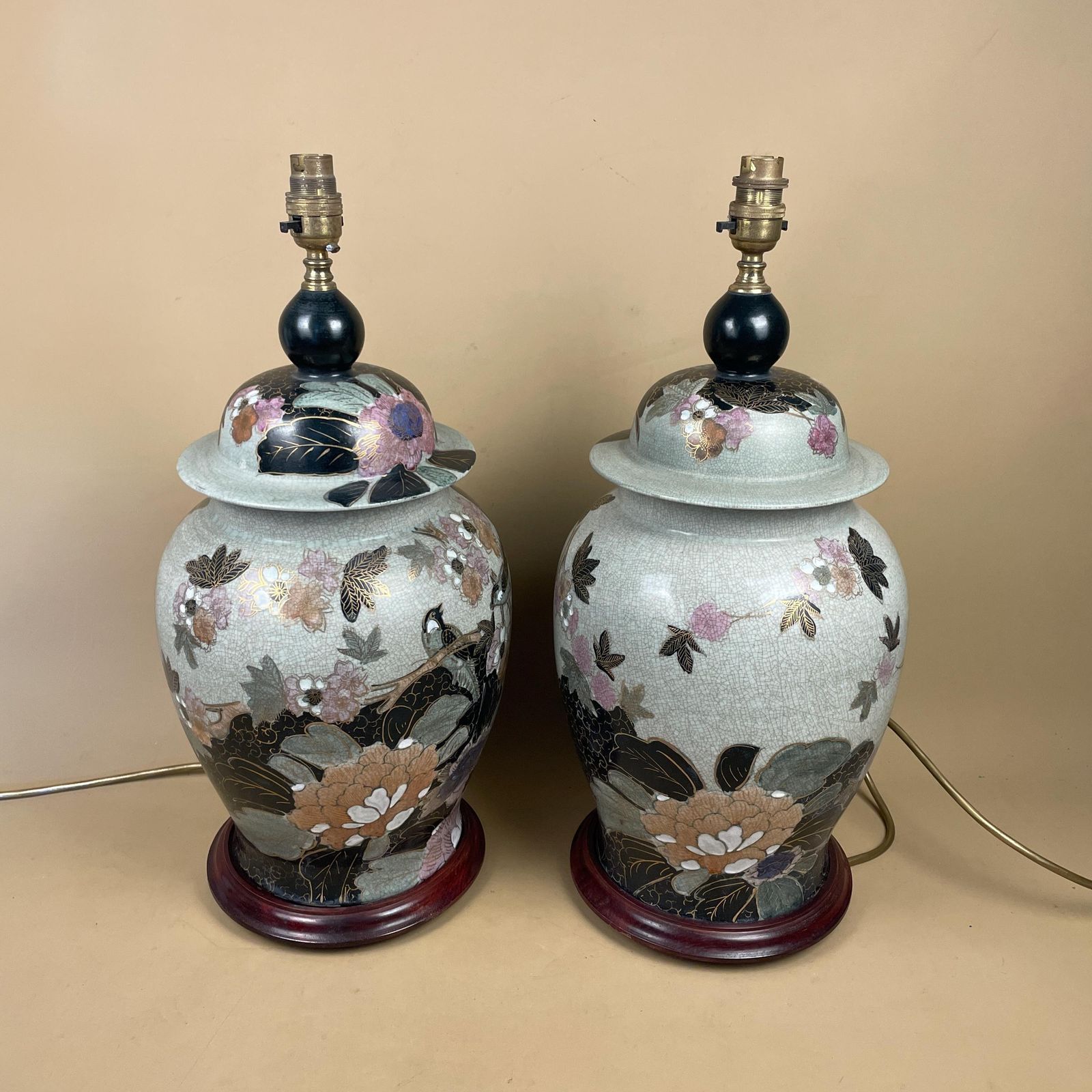 Pair Of Large Oriental Antique Ceramic Lamp Light Bedside Table Hand Painted Floral Design Wood Base Chinese Vase Vintage Brass Ginger Jar photo 295.0