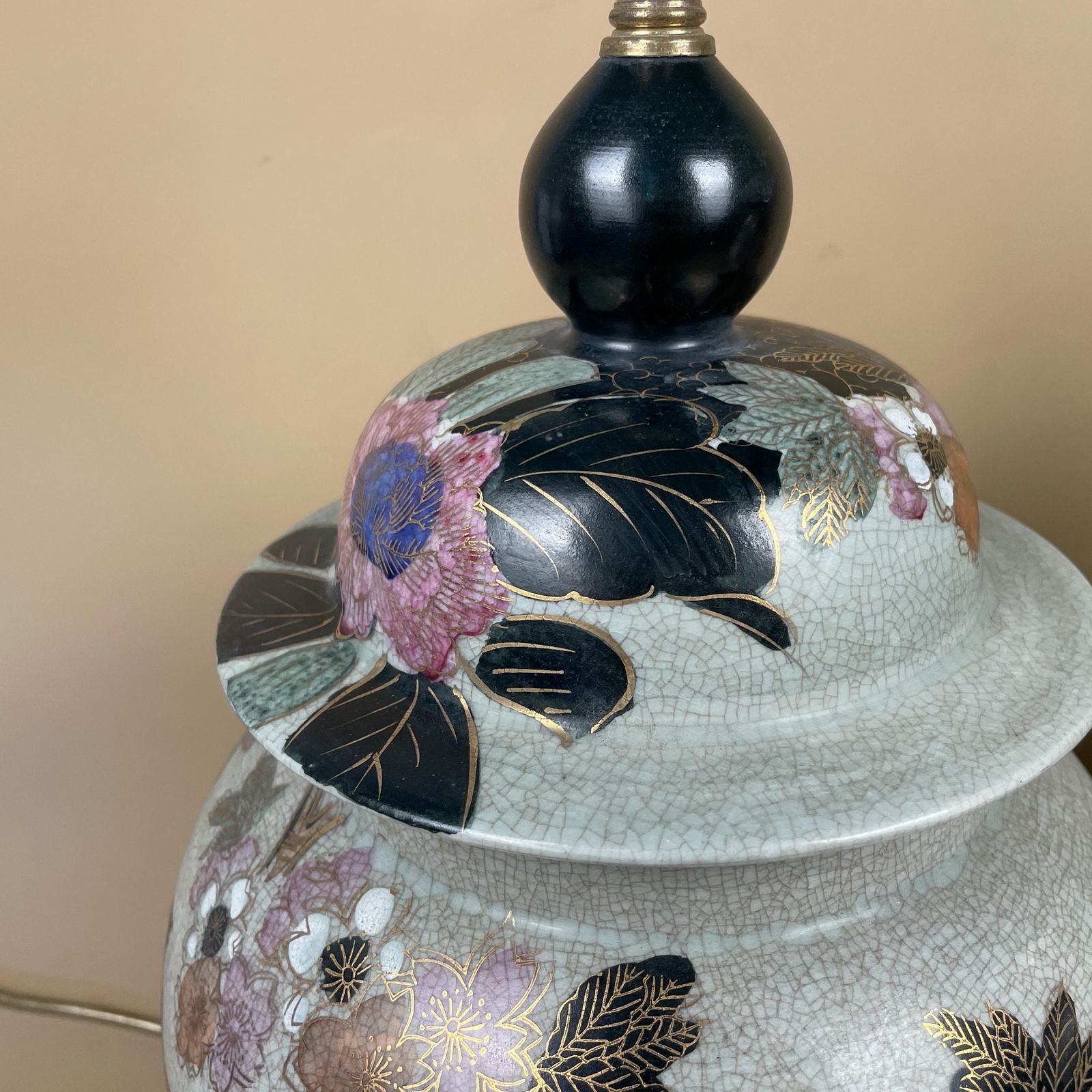 295.0 Pair Of Large Oriental Antique Ceramic Lamp Light Bedside Table Hand Painted Floral Design Wood Base Chinese Vase Vintage Brass Ginger Jar photo