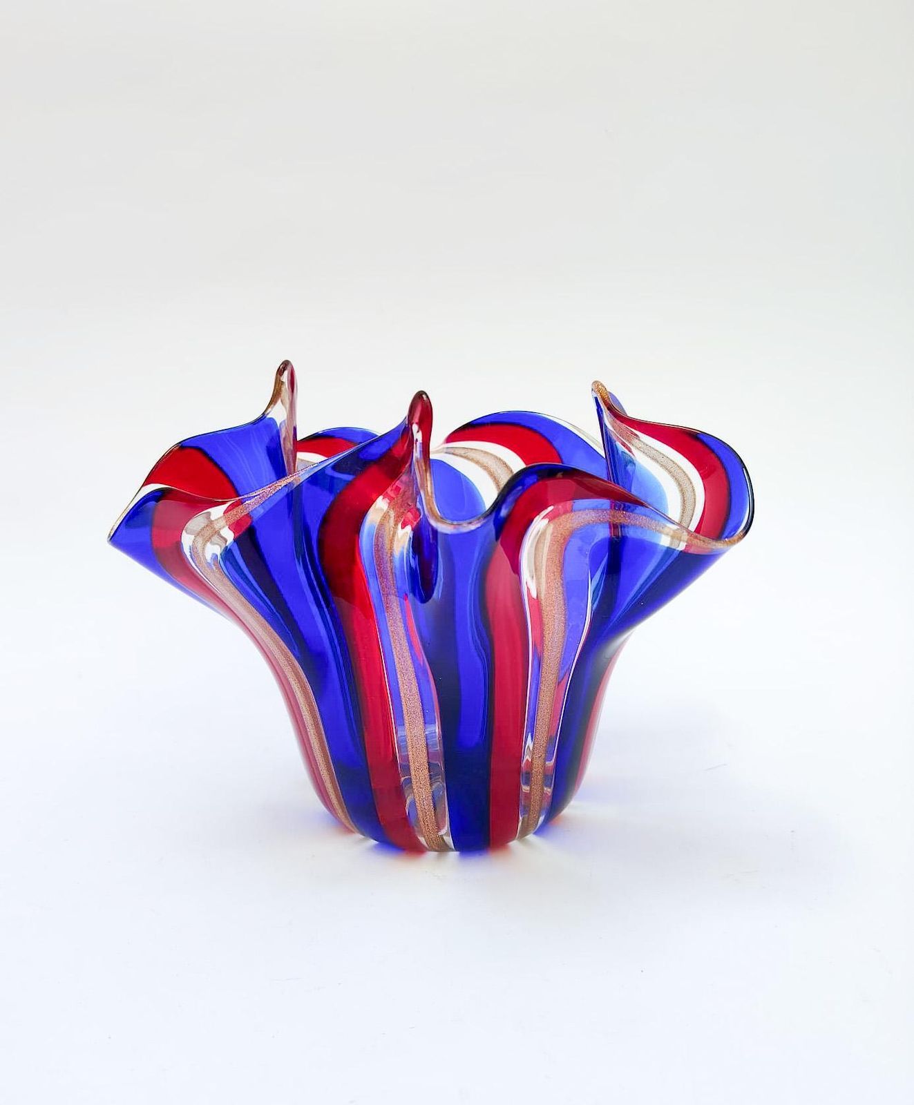 Set Of 3 Murano Glass Vases With A Handkerchief Shape, Red And Blue Canes, Gold Leaf, Vintage Design photo buy