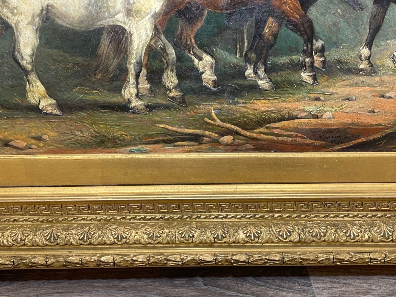 19e-eeuws ruitersschilderij, paarden op weg naar Chester, gesigneerd door Edward Lloyd Ellesmere, verguld ingelijst photo 7000.0