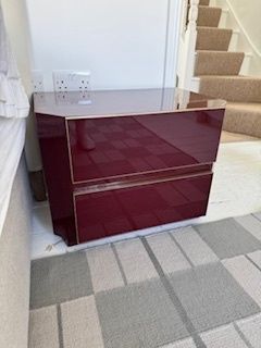 Pair Of Burgundy Acrylic And Brass Bedside Tables By Eric Maville In The 1970s.