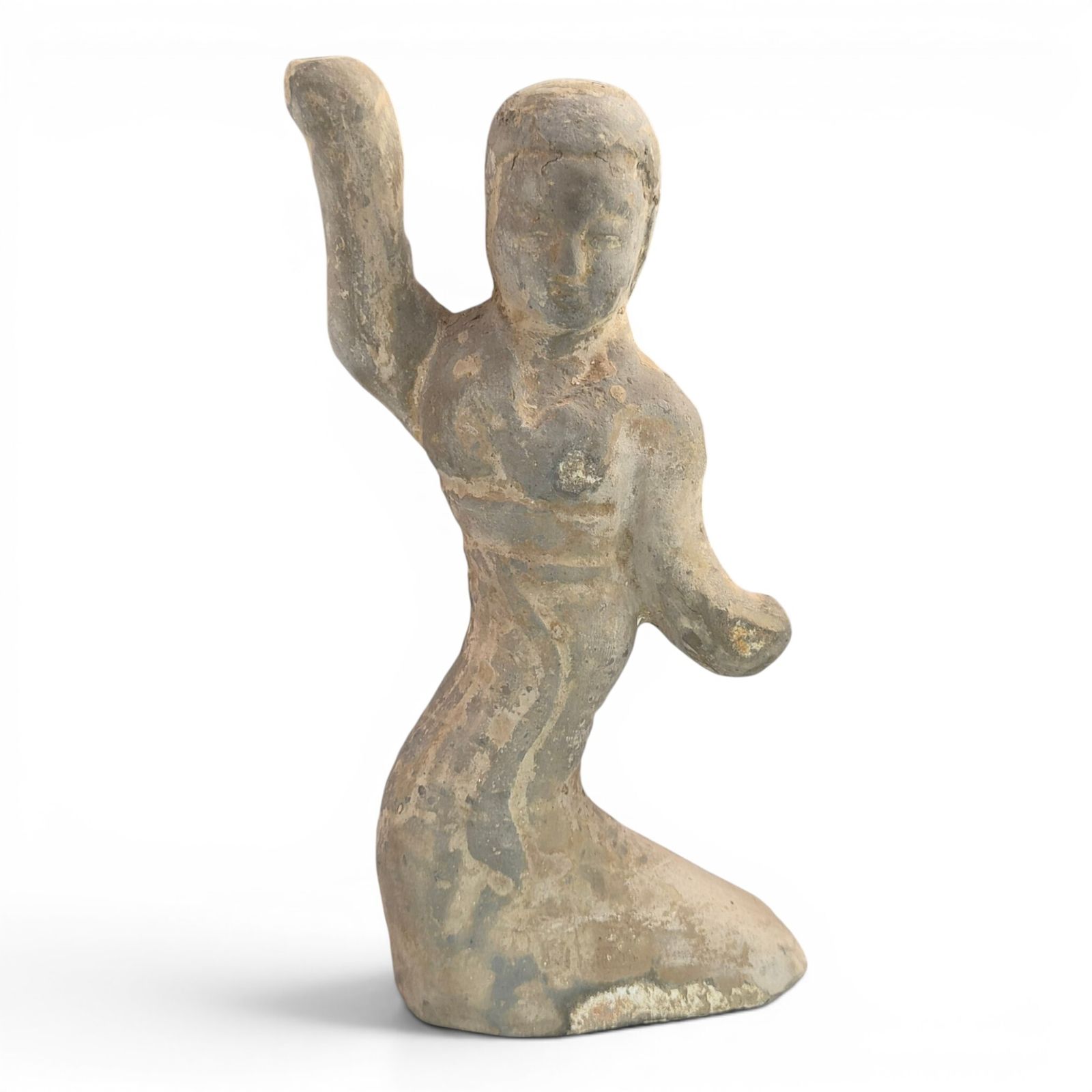 Groot Chinees grijs aardewerken danseresfiguur, Han-dynastie, mingqi grafbeeldhouwwerk