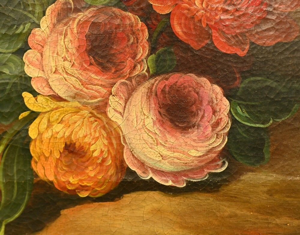 Flemish Oil Painting Floral Still Life Antique Art 1900 photo vintage