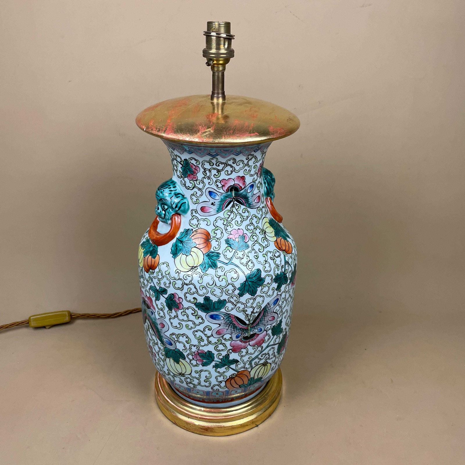 Large Oriental Antique Ceramic Lamp Light Bedside Table Hand Painted Floral Design Fruit Gold Painted Wood Base Chinese Vase Vintage