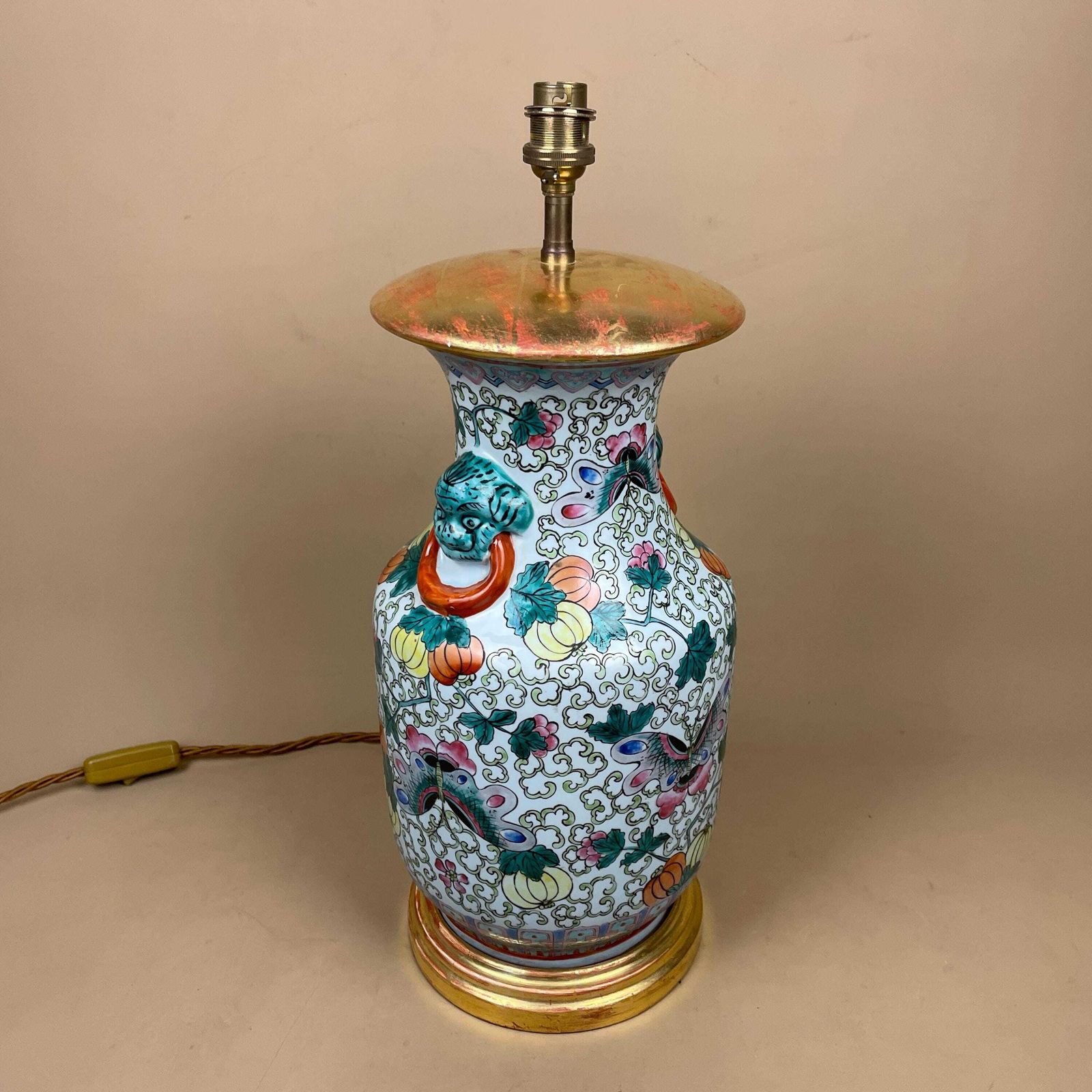 Large Oriental Antique Ceramic Lamp Light Bedside Table Hand Painted Floral Design Fruit Gold Painted Wood Base Chinese Vase Vintage photo furniture