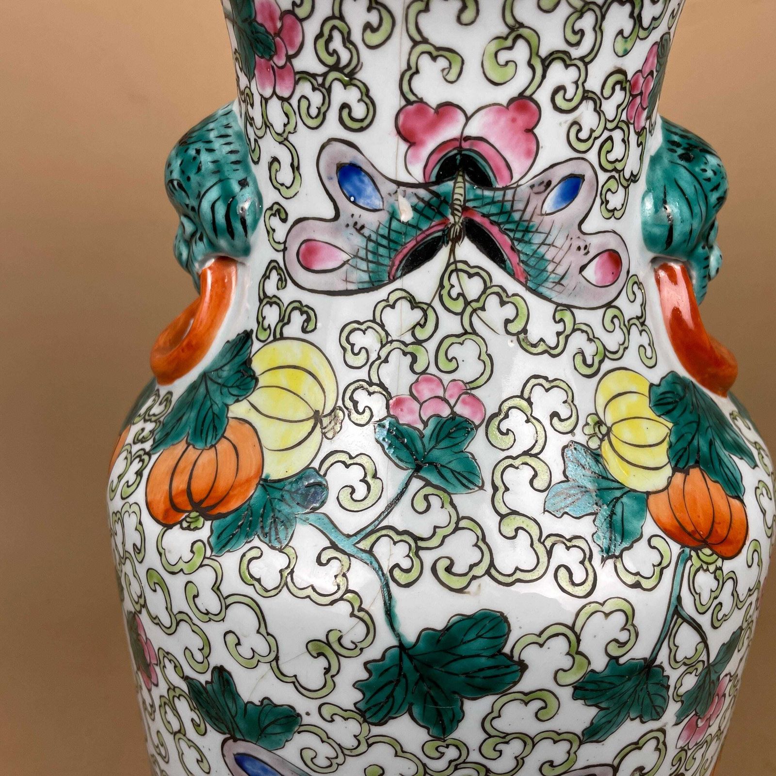 photo buy Large Oriental Antique Ceramic Lamp Light Bedside Table Hand Painted Floral Design Fruit Gold Painted Wood Base Chinese Vase Vintage